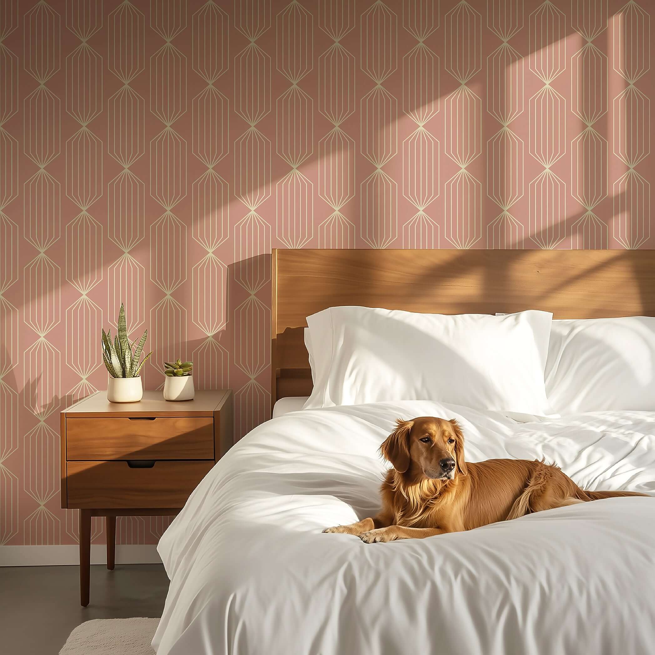 Bedroom with "Peach Prism Panels" wallpaper, mid-century modern design featuring geometric patterns in peach and gold, with a dog on the bed.