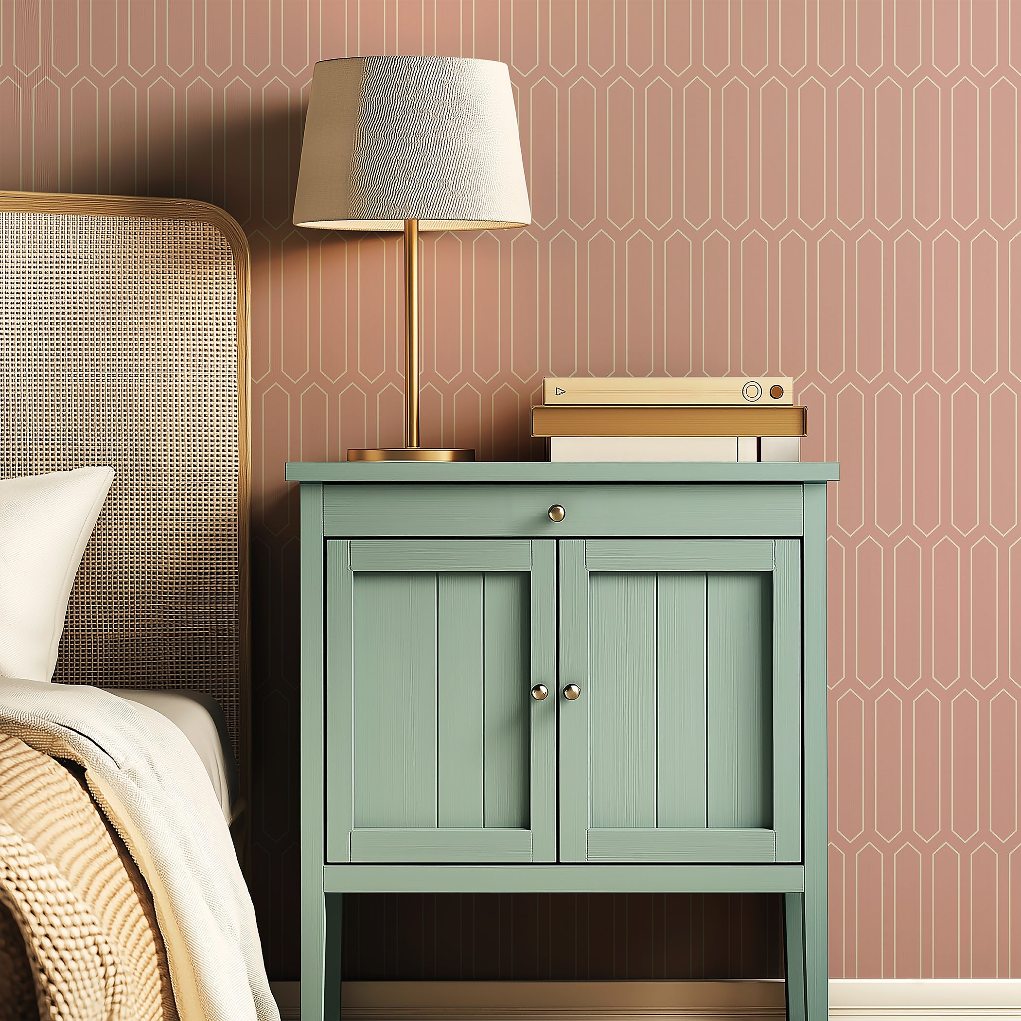 Pastel Moderne Lines wallpaper in a bedroom setting, featuring pink to create a retro art deco look with geometric vertical lines.