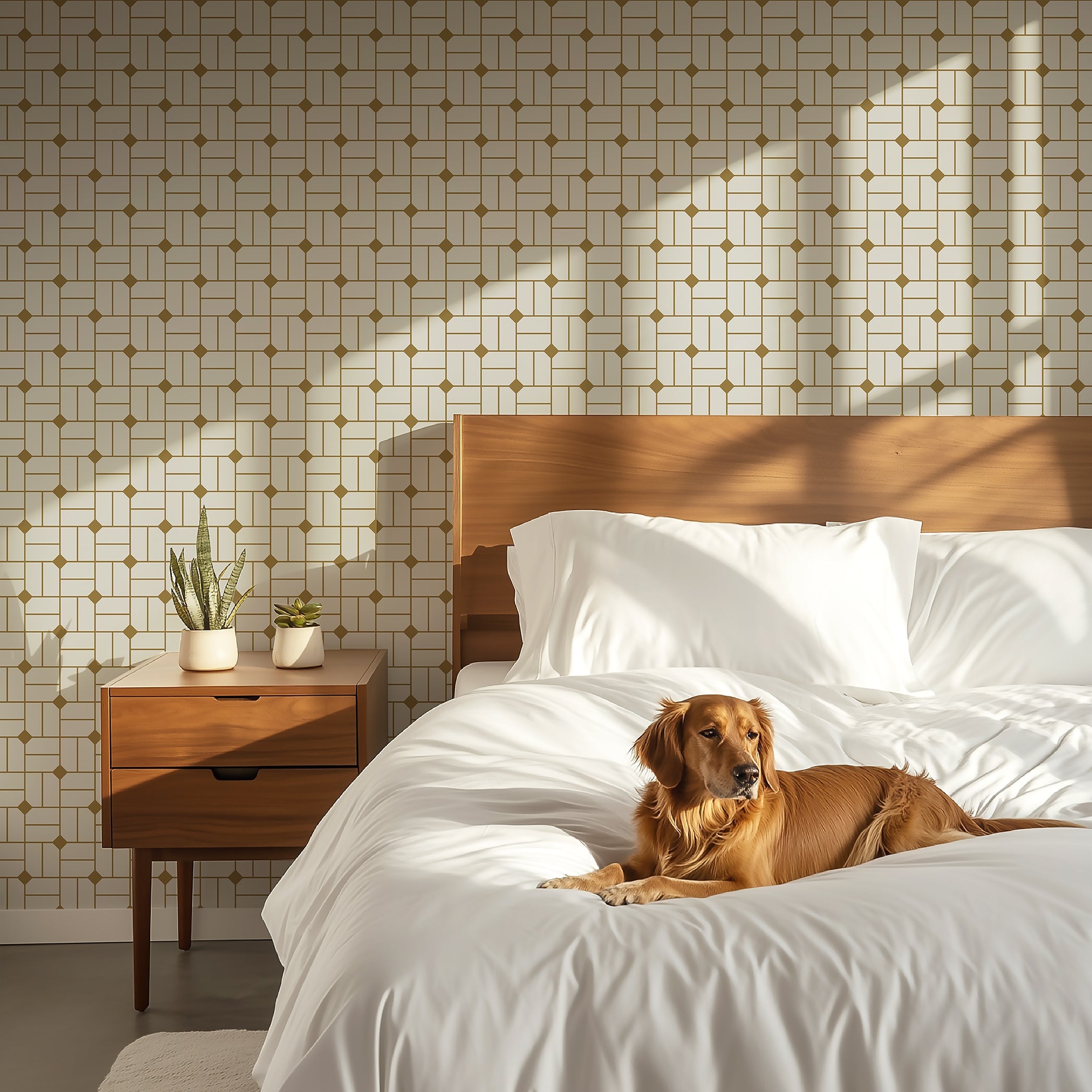 Art Deco geometric wallpaper in gold and white behind a bed with a sleeping dog, creating a retro and sophisticated bedroom ambiance.