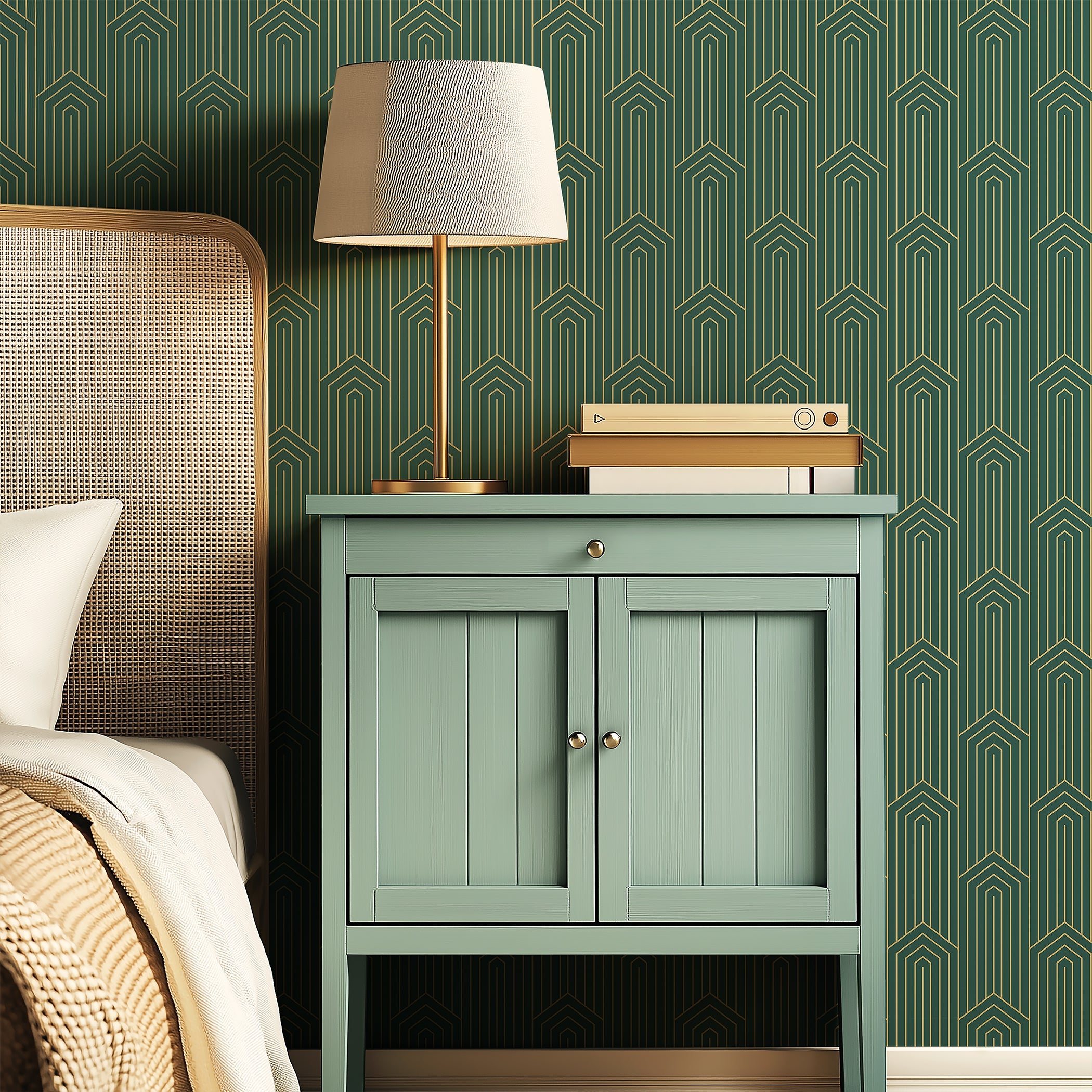 Art Deco wallpaper with golden chevron pattern on emerald green, paired with retro green cabinet and modern lamp.