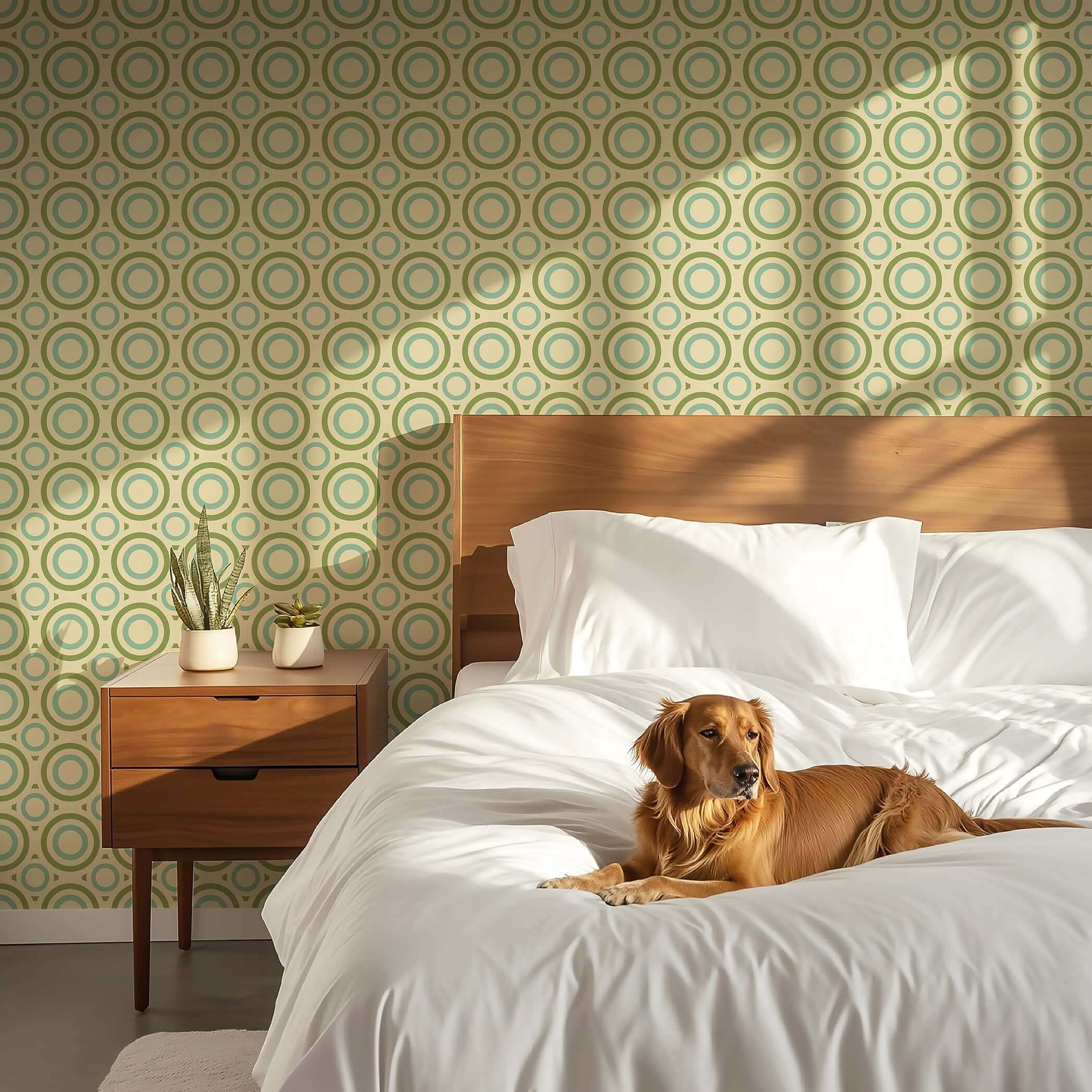 Mid-century modern wallpaper with retro orbit rings in sage green and teal, complementing a stylish bedroom with a relaxed dog.