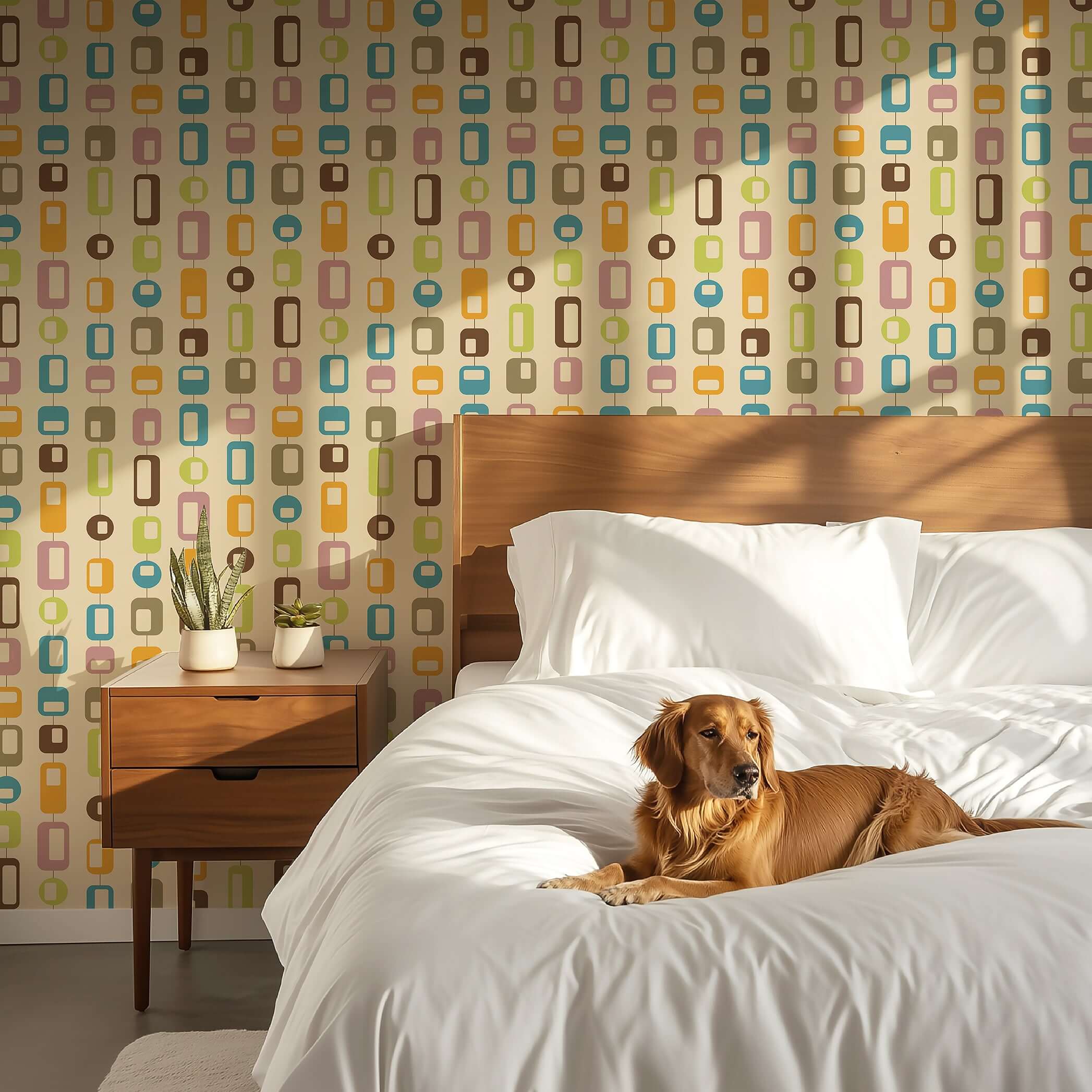Mid-Century Link Up wallpaper in retro geometric design with teal, orange, pink hues behind a cozy bedroom scene with a dog on the bed.
