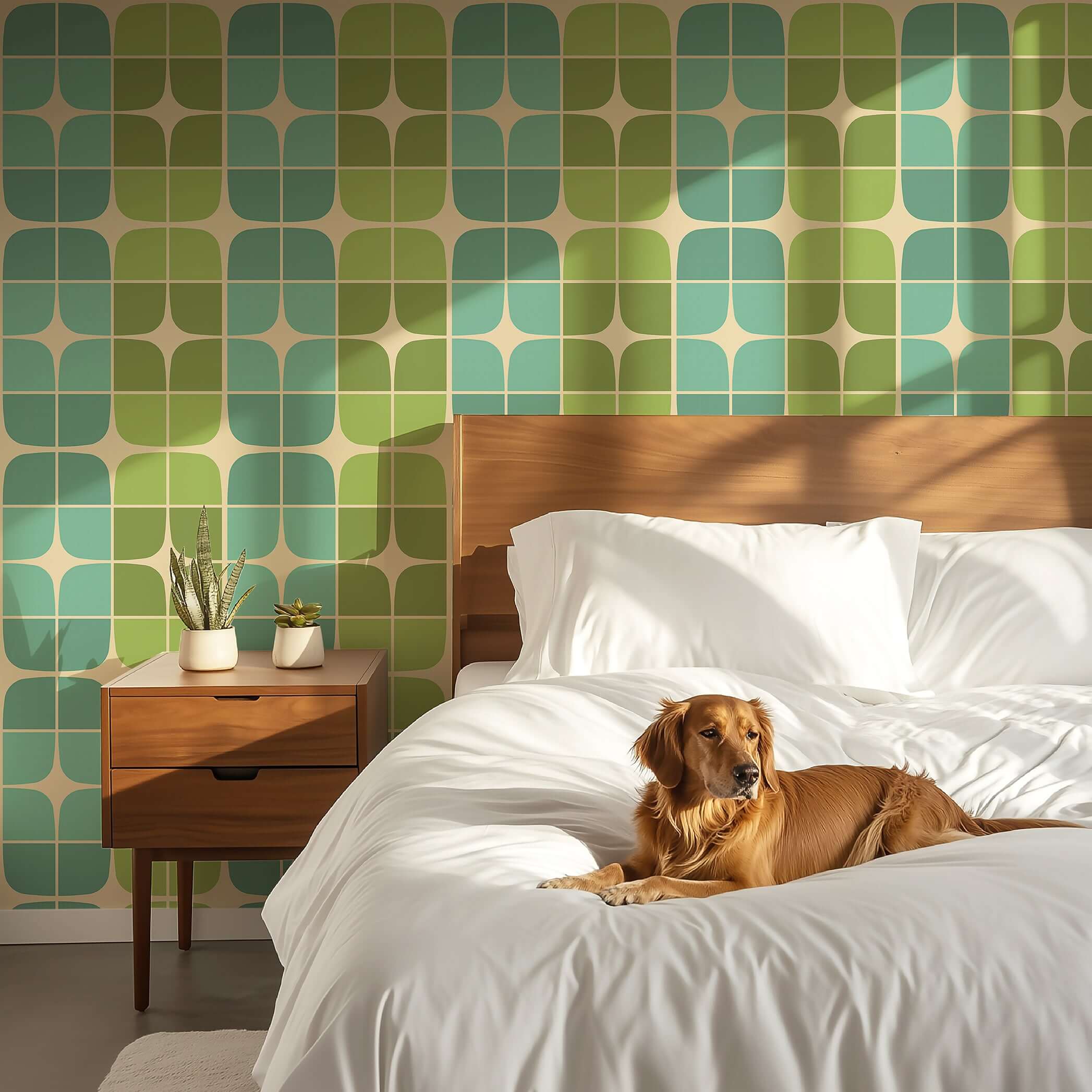 Mid-century modern bedroom with retro geometric wallpaper in greens and aqua blues, featuring Atomic Garden Squares design, with a dog on the bed.