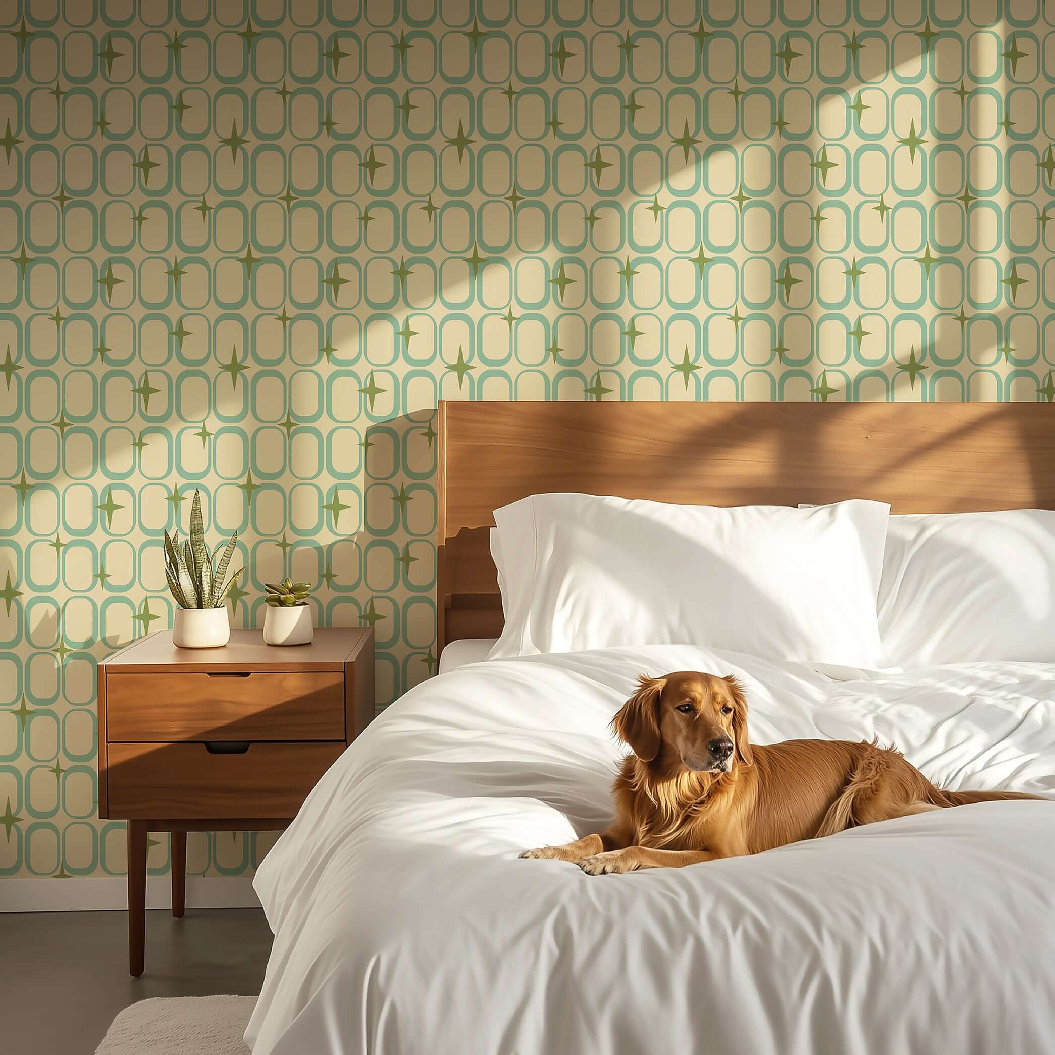 Retro Orbit Sparkle wallpaper with teal and olive geometric patterns in a bedroom featuring a wooden bed and a dog on white linens.