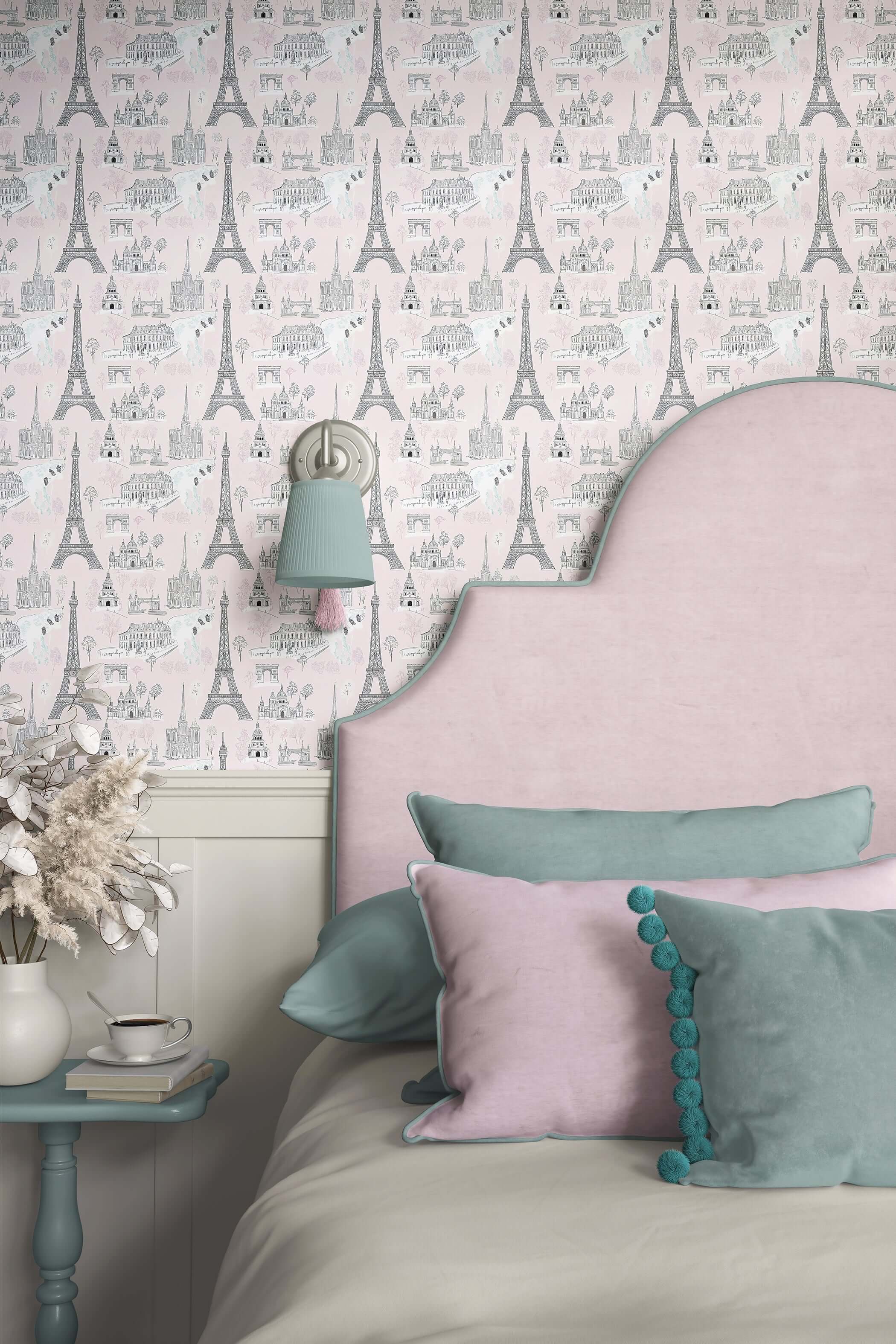 Dreaming of Paris wallpaper with pink Eiffel Tower and Paris icons perfect for nursery or playroom, adding elegance and style.