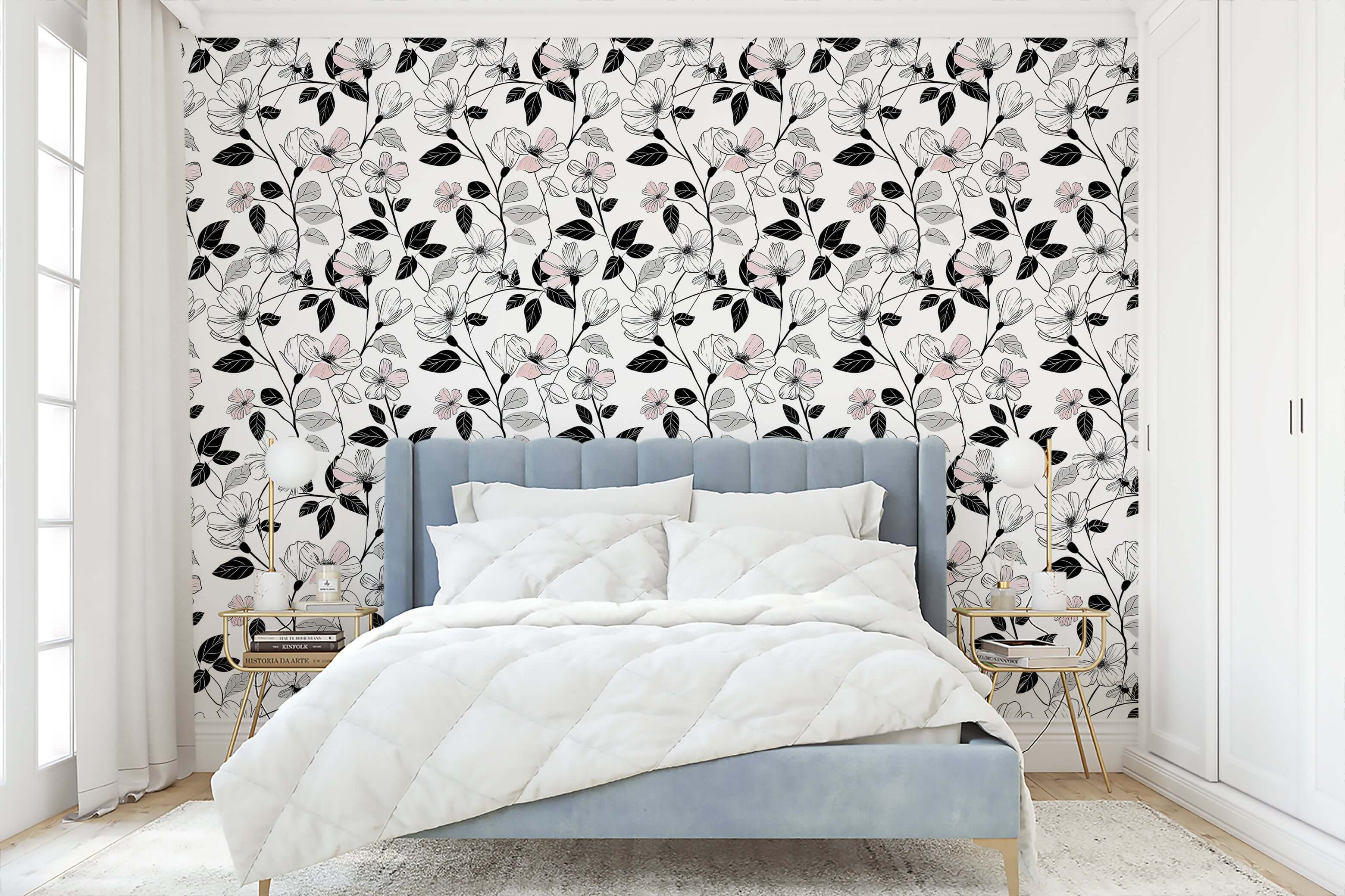 Modern floral wallpaper with monochrome flowers and black foliage in a bedroom, offering elegant contrast and contemporary style.
