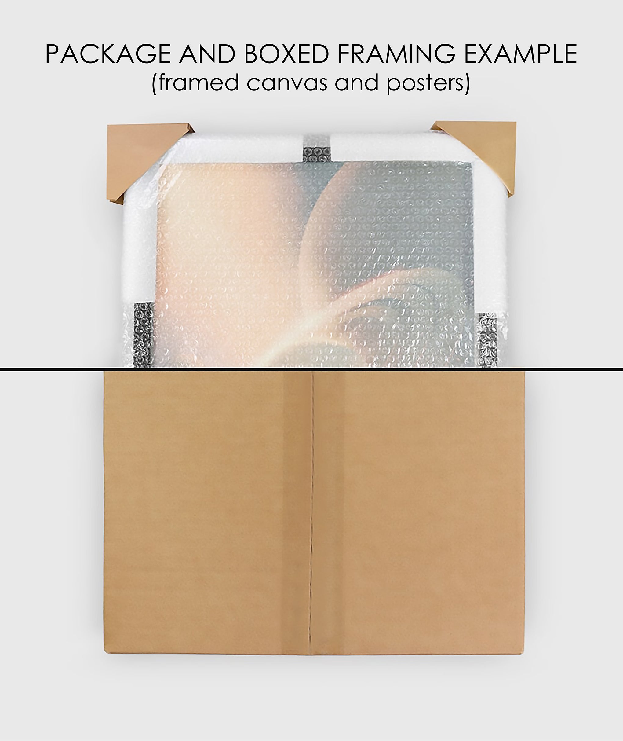 Boxed packaging example for framed canvas and posters, showing protective bubble wrap.