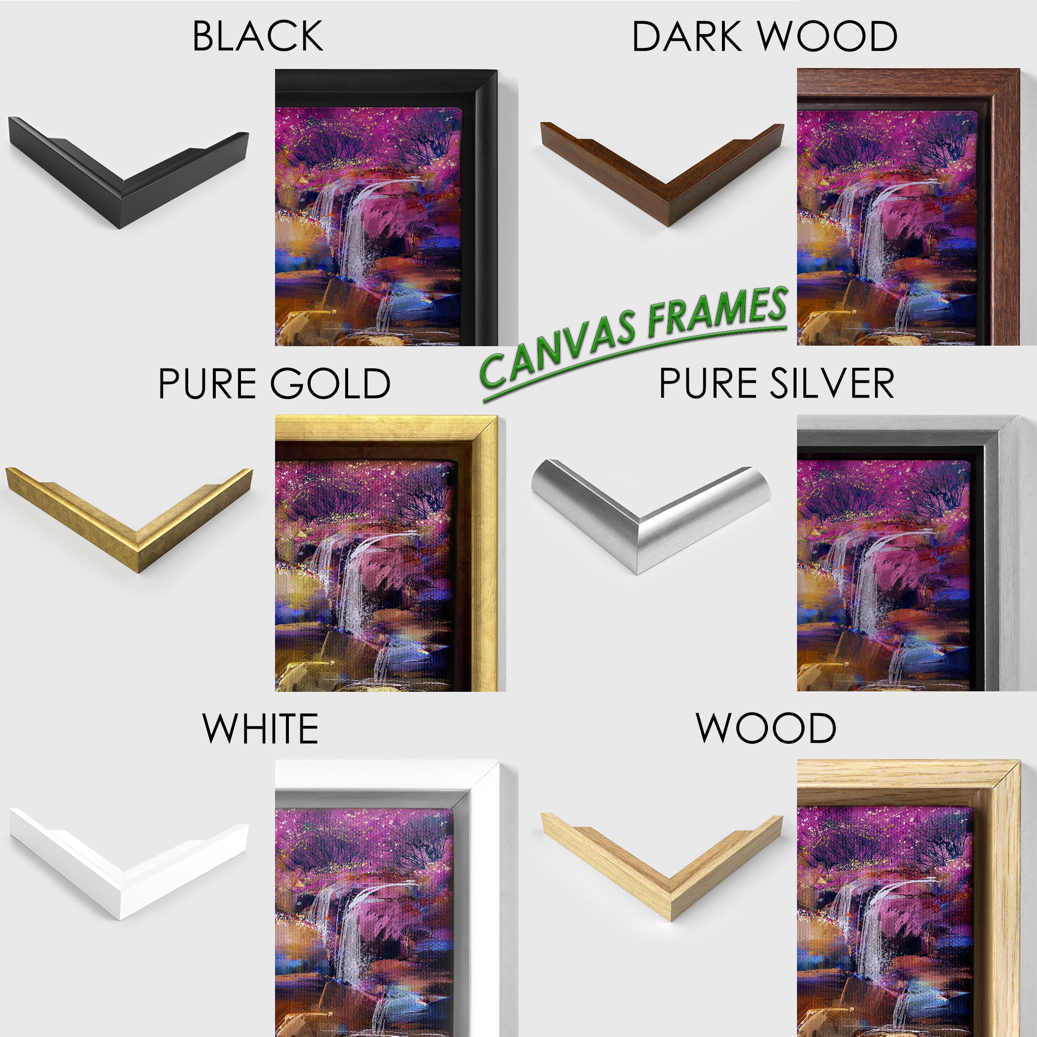 Selection of canvas frames in various colors: black, dark wood, pure gold, pure silver, white, and wood.