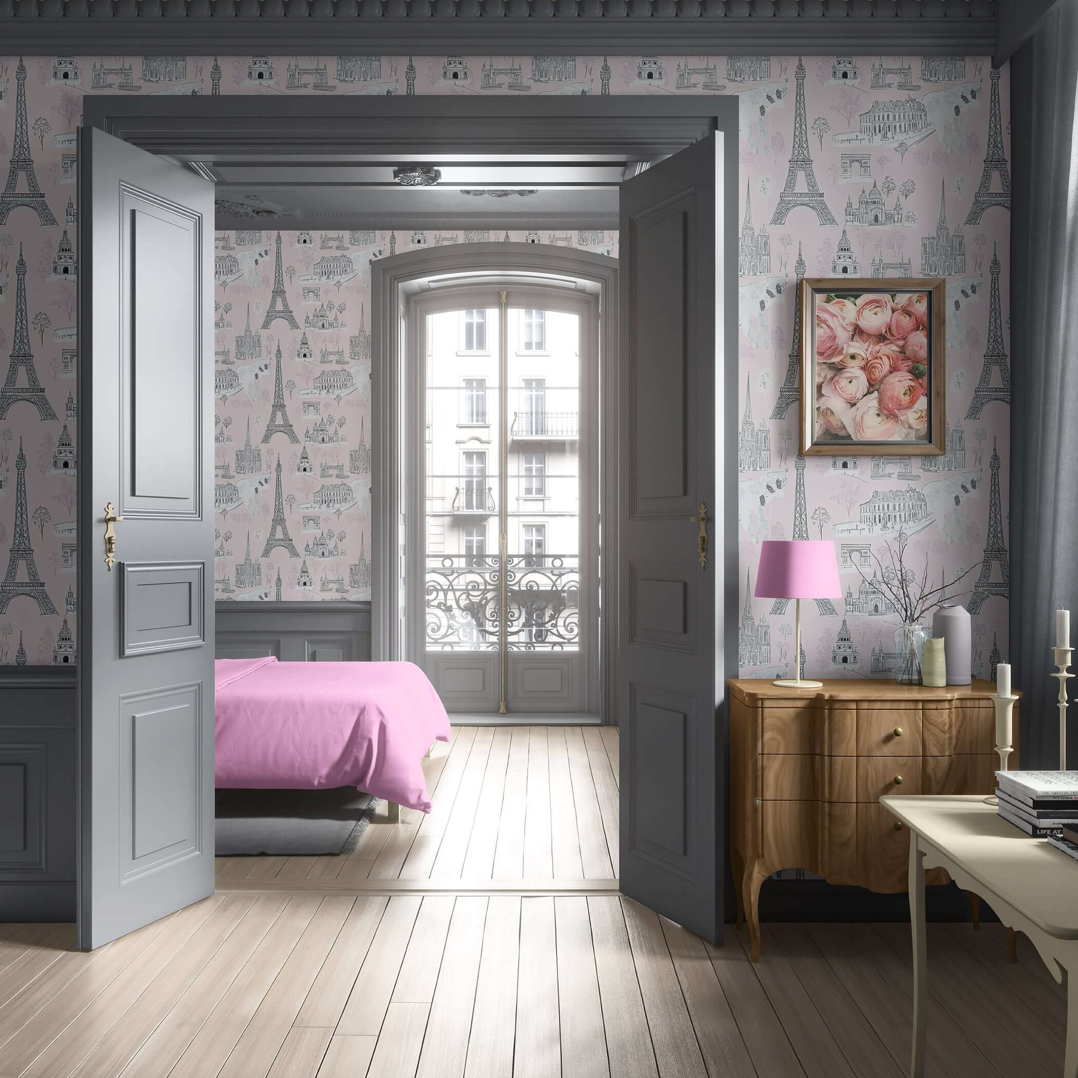 Paris-inspired wallpaper with pink background featuring Eiffel Tower, Arc de Triomphe, and Notre Dame, perfect for children’s nursery or playroom.