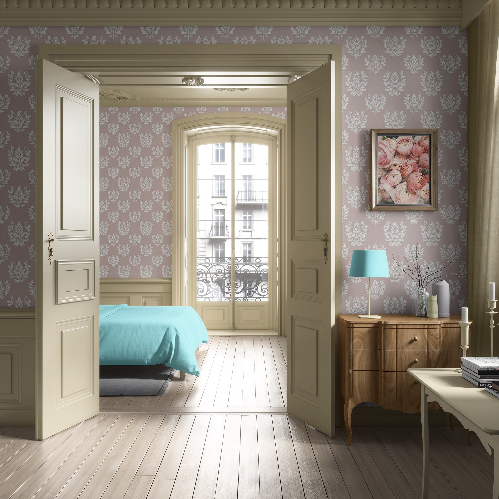 Room with Graceful Garden Wreaths Wallpaper featuring laurel wreaths in light ivory on blush, adding traditional elegance and botanical charm.