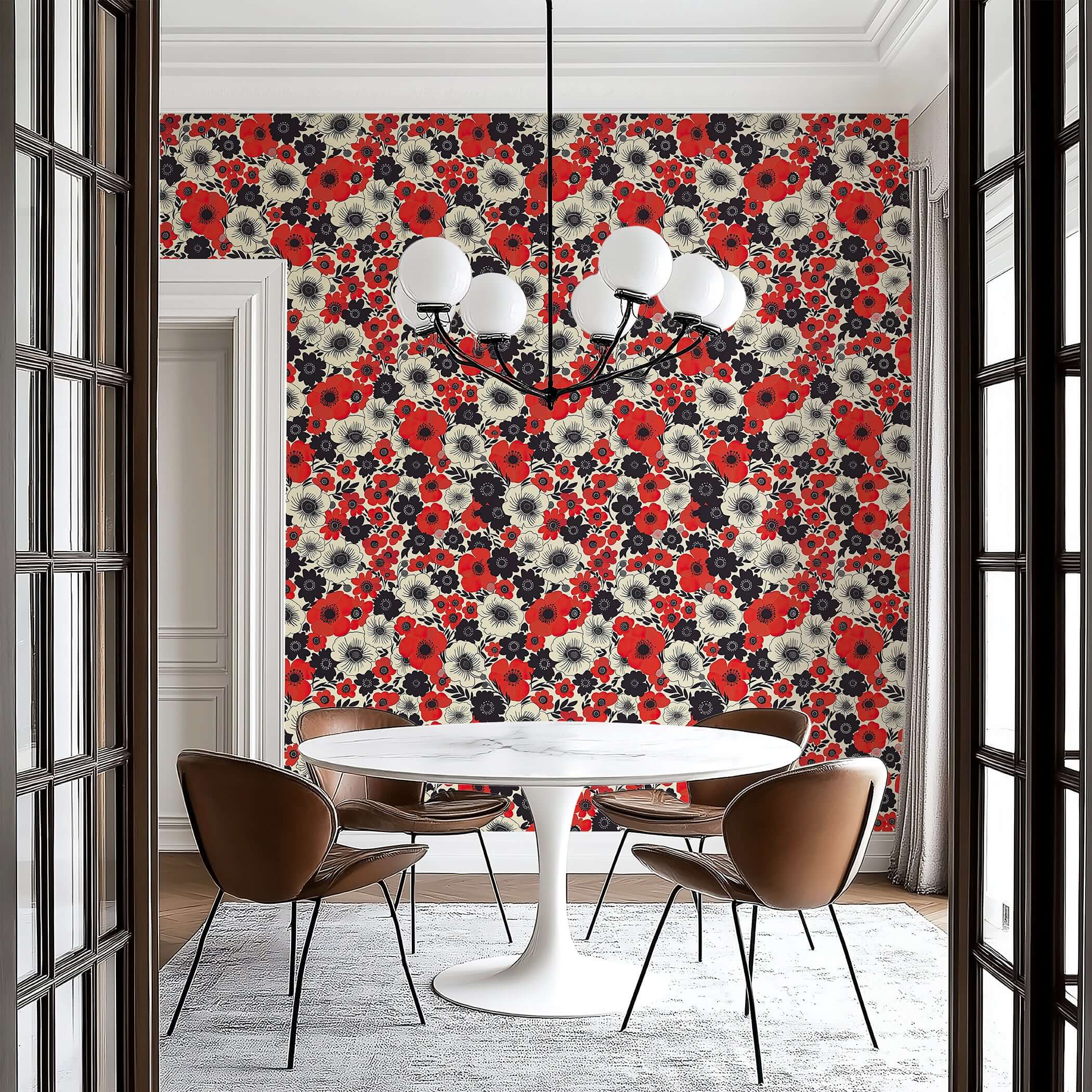 Modern dining room with Wild Poppy Passion wallpaper; vivid red, black, white floral design creating a dynamic modern space.