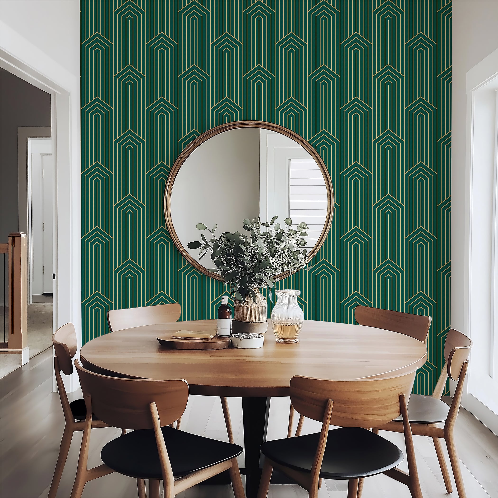 Alt Tag: Elegant green and gold art deco wallpaper with geometric chevron pattern complements modern dining room decor.