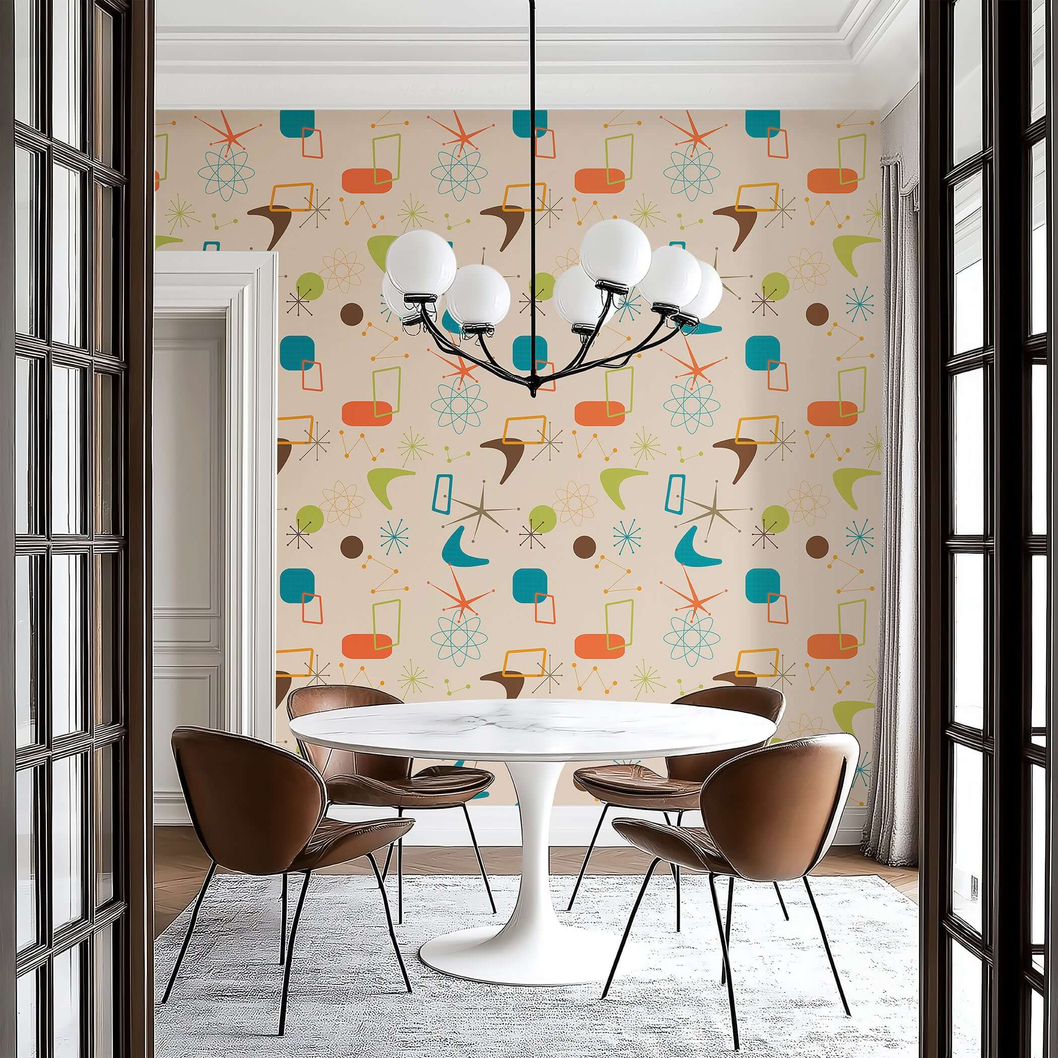 Dining room with mid-century modern geometric wallpaper featuring retro designs in turquoise, orange, lime, and mocha.