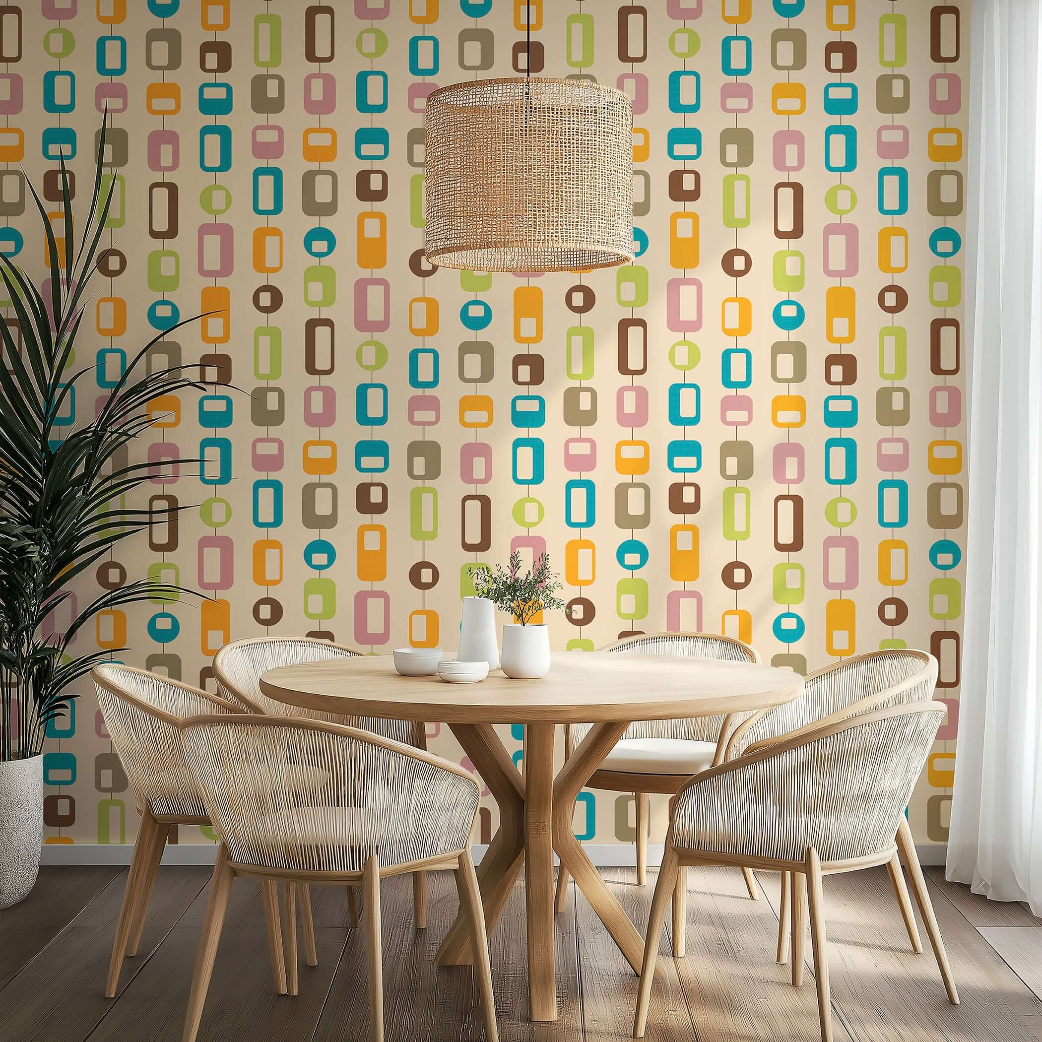 Mid-century-modern geometric wallpaper with colorful linked ovals and rectangles, ideal for retro-inspired home decor.