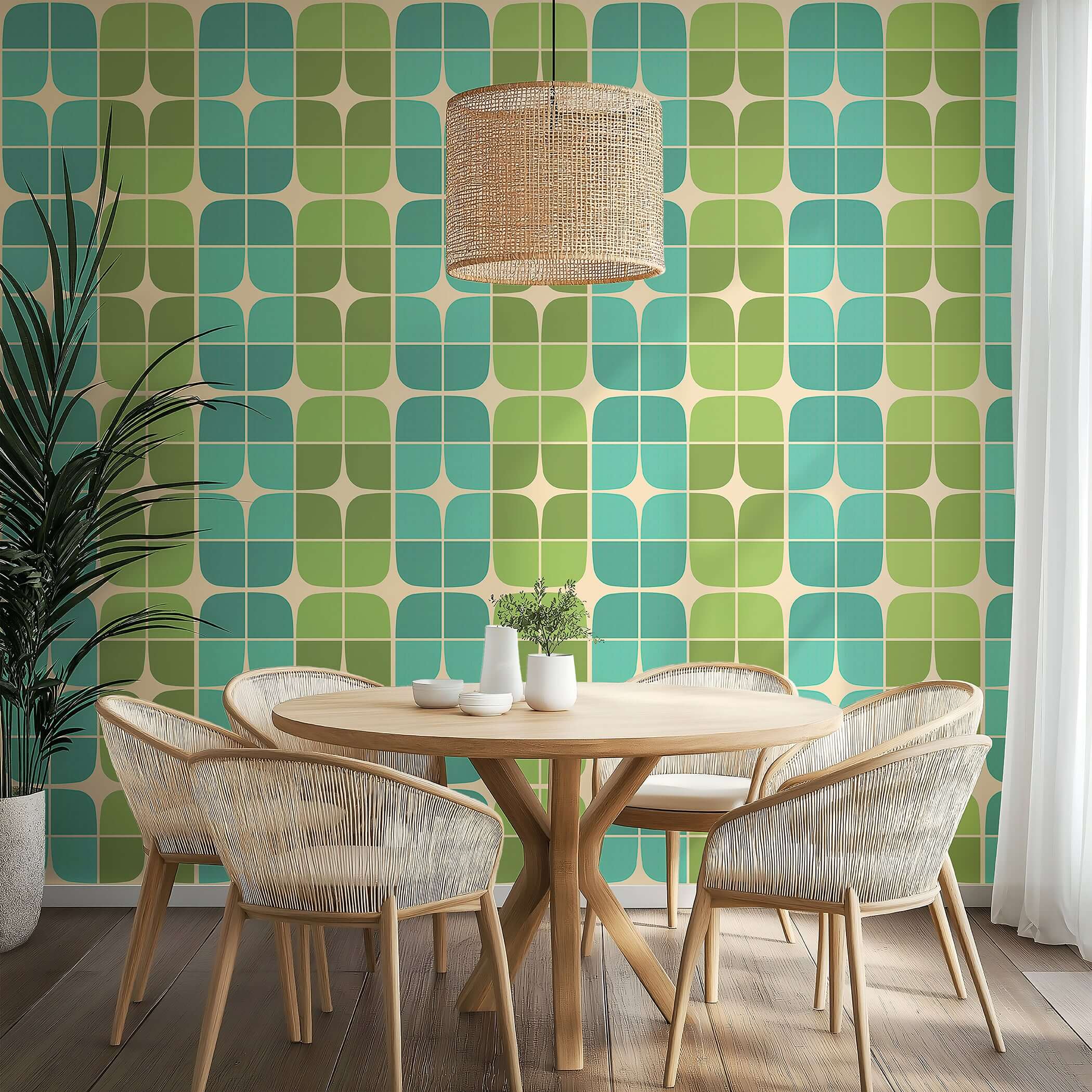 "Atomic Garden Squares" mid-century modern geometric retro wallpaper in greens and blues embellishing a cozy dining room.