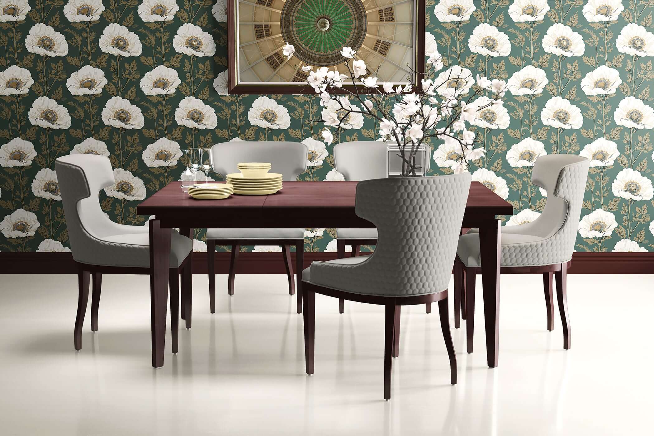 Dining room with Vintage Poppy Charm Wallpaper, featuring ivory poppies on a dark green background with gold accents.