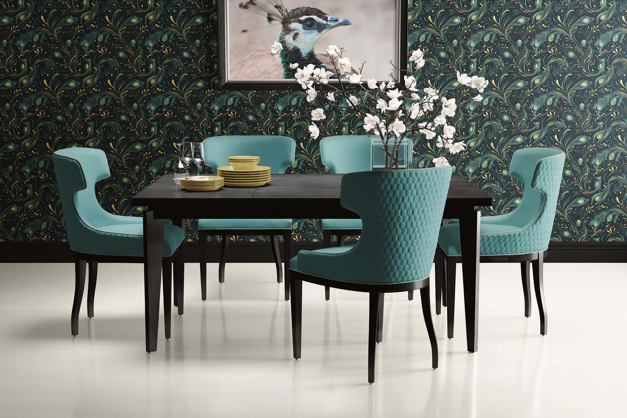 Dining room with teal chairs and table set against Celestial Peacock wallpaper featuring art deco peacock feathers.