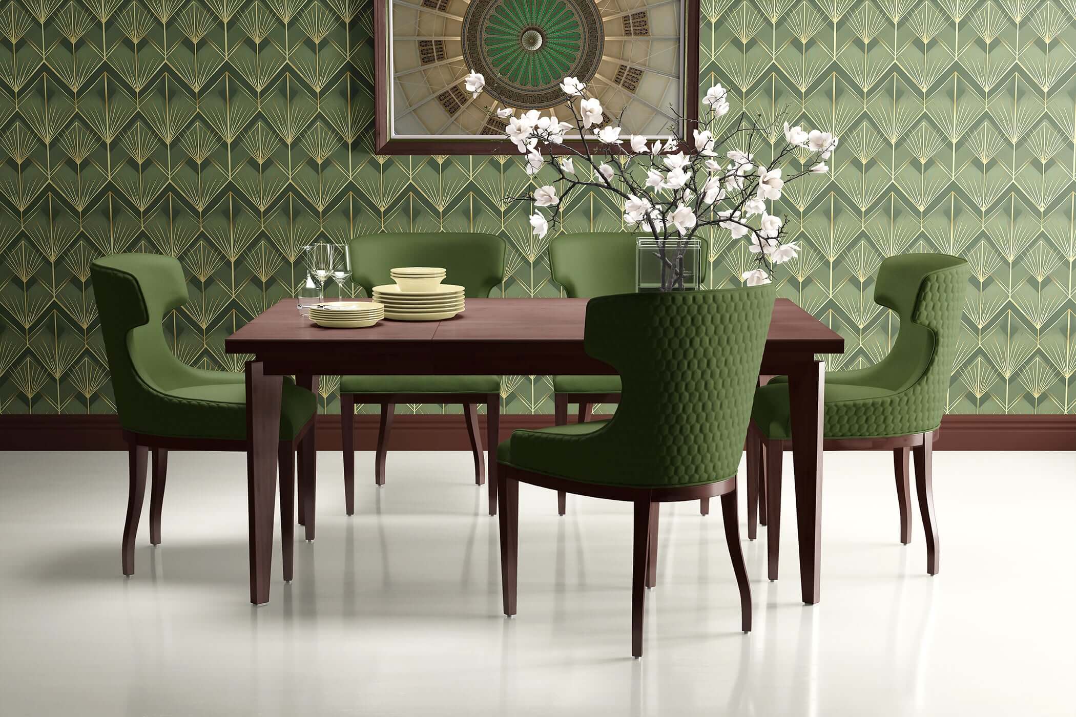 Art Deco dining room with Emerald Luxe Palm Deco wallpaper, green chairs, and a wooden table accentuating vintage style.