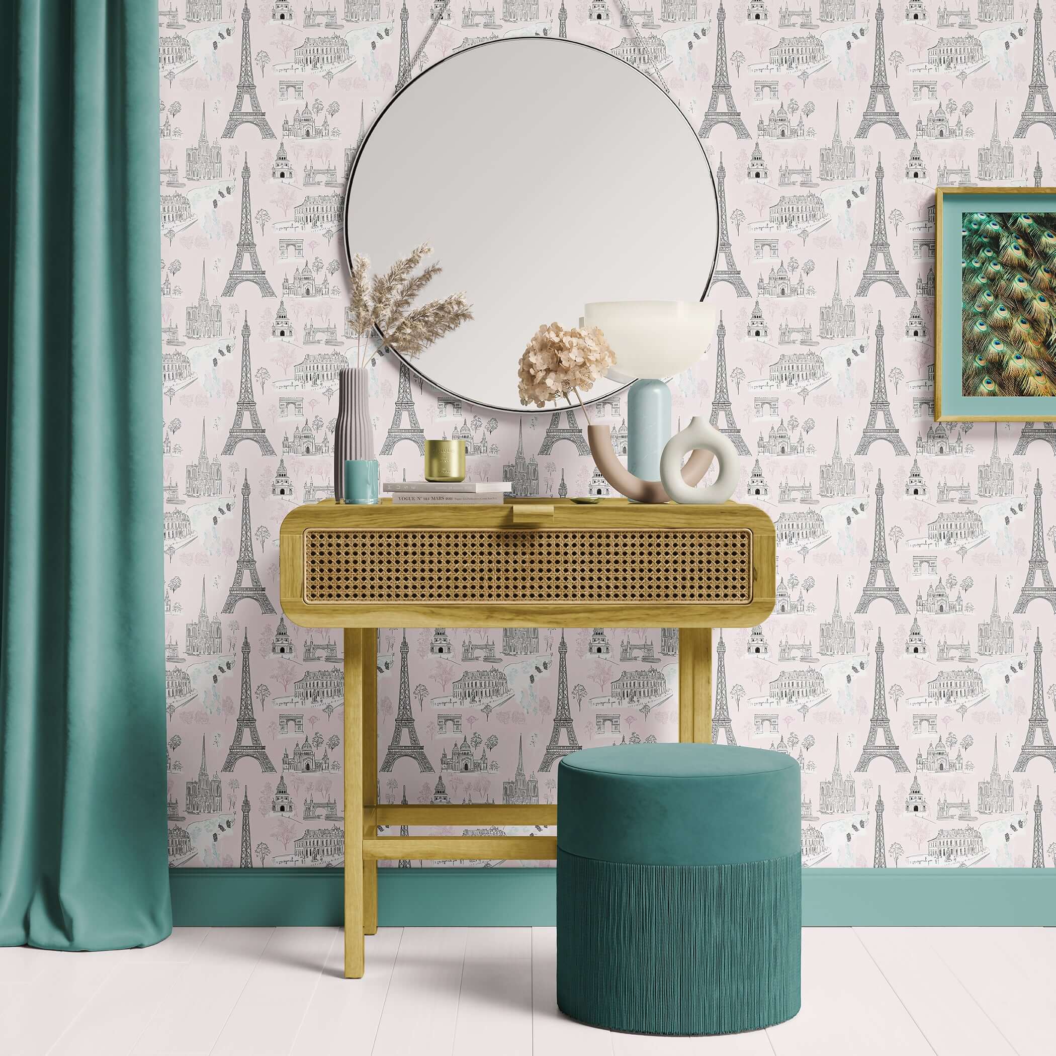 Paris-themed wallpaper with Eiffel Tower and landmarks on soft pink, perfect for nursery, children's playroom or elegant French décor.