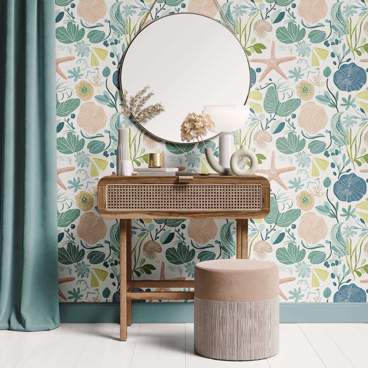 Stylish room with "Tidepool Treasures" coastal wallpaper featuring ocean motifs like seashells, coral, and seaweed. Perfect beach vibe!