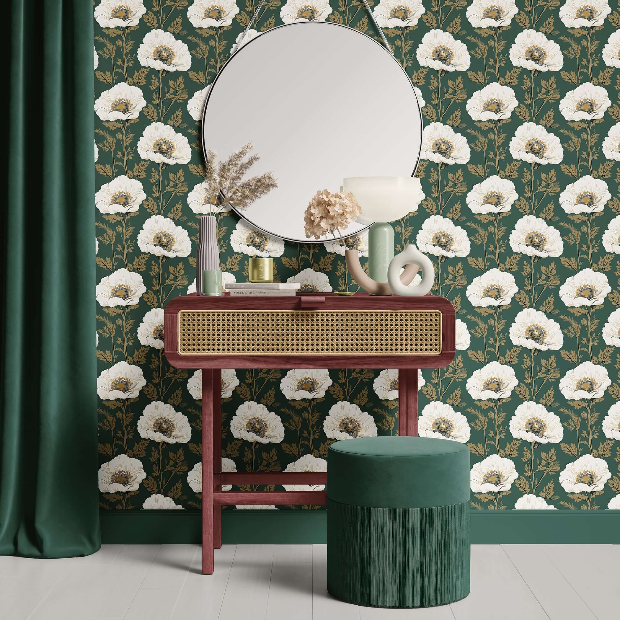 Vintage poppy charm wallpaper with ivory poppies on dark green background, featuring gold twigs, enhancing elegant botanical decor.