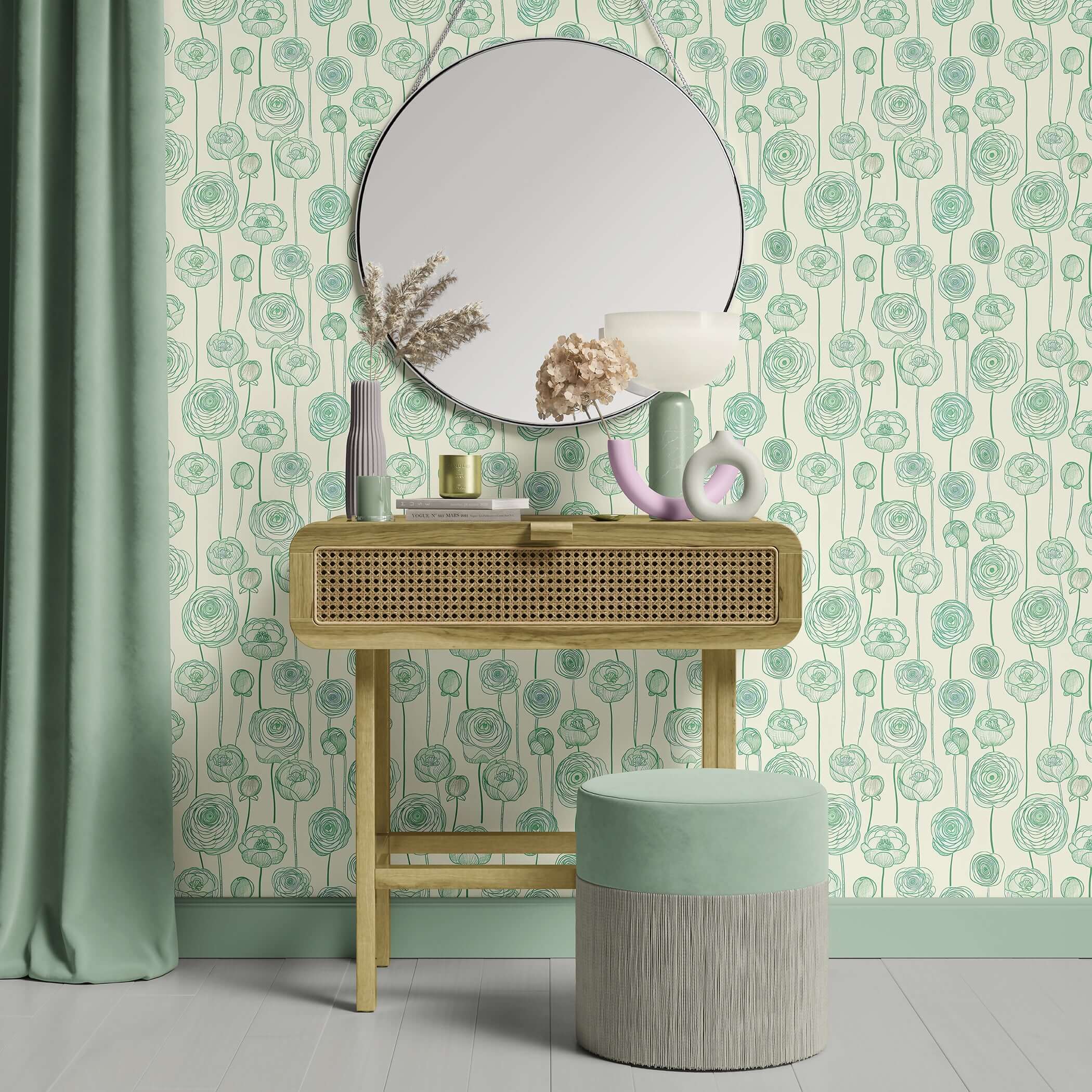 Elegant room with Green Garden Romance wallpaper featuring green botanical and floral design on cream background, modern decor setting.