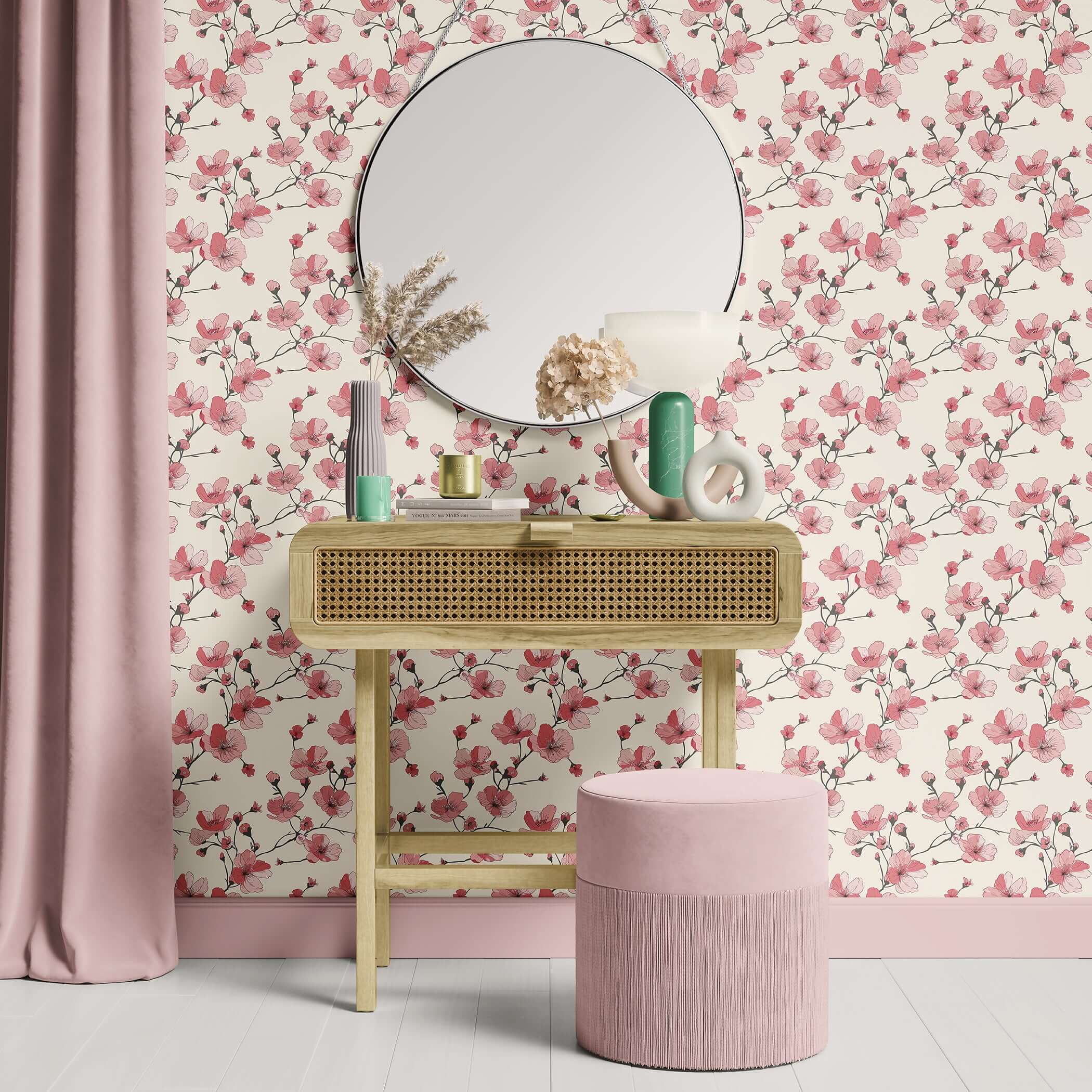 Contemporary room with Cherry Blossom Serenade wallpaper featuring pink and red floral patterns on an ivory background, modern decor.
