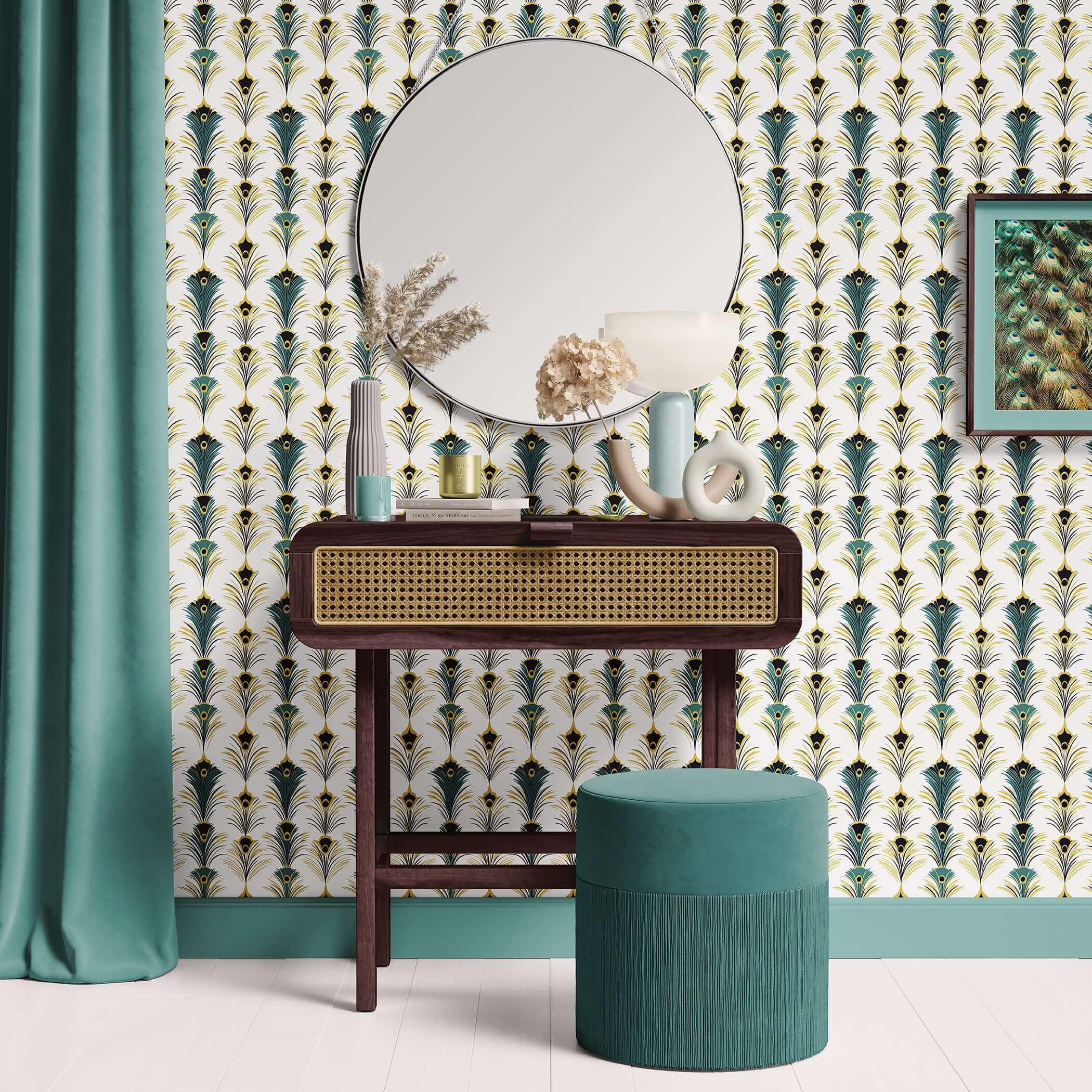 Art Deco wallpaper with teal, gold, black geometric pattern, featuring peacock feather design, enhances room with chic Jazz Age style.