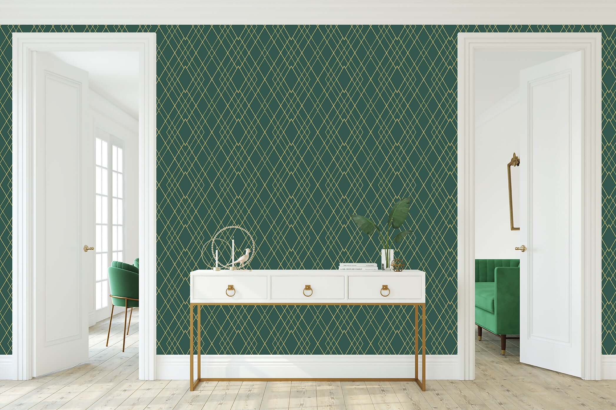 Art Deco green and gold geometric wallpaper adds elegance to modern interiors.