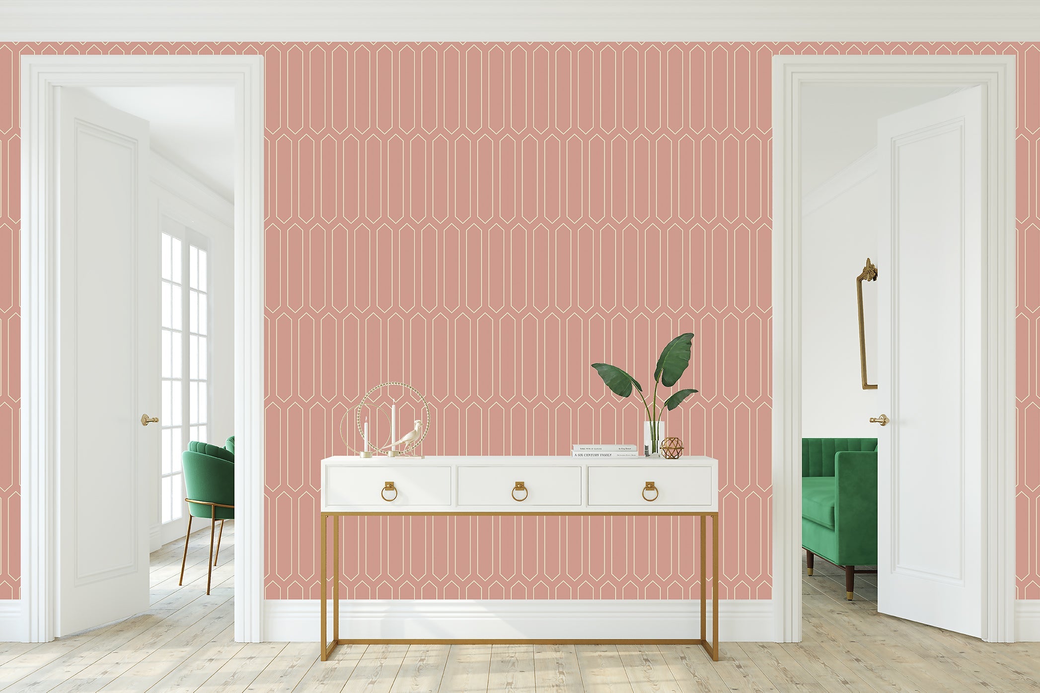 Alt Tag: Art deco wallpaper with geometric ivory lines on blush pink background, perfect for retro and minimalist interiors.