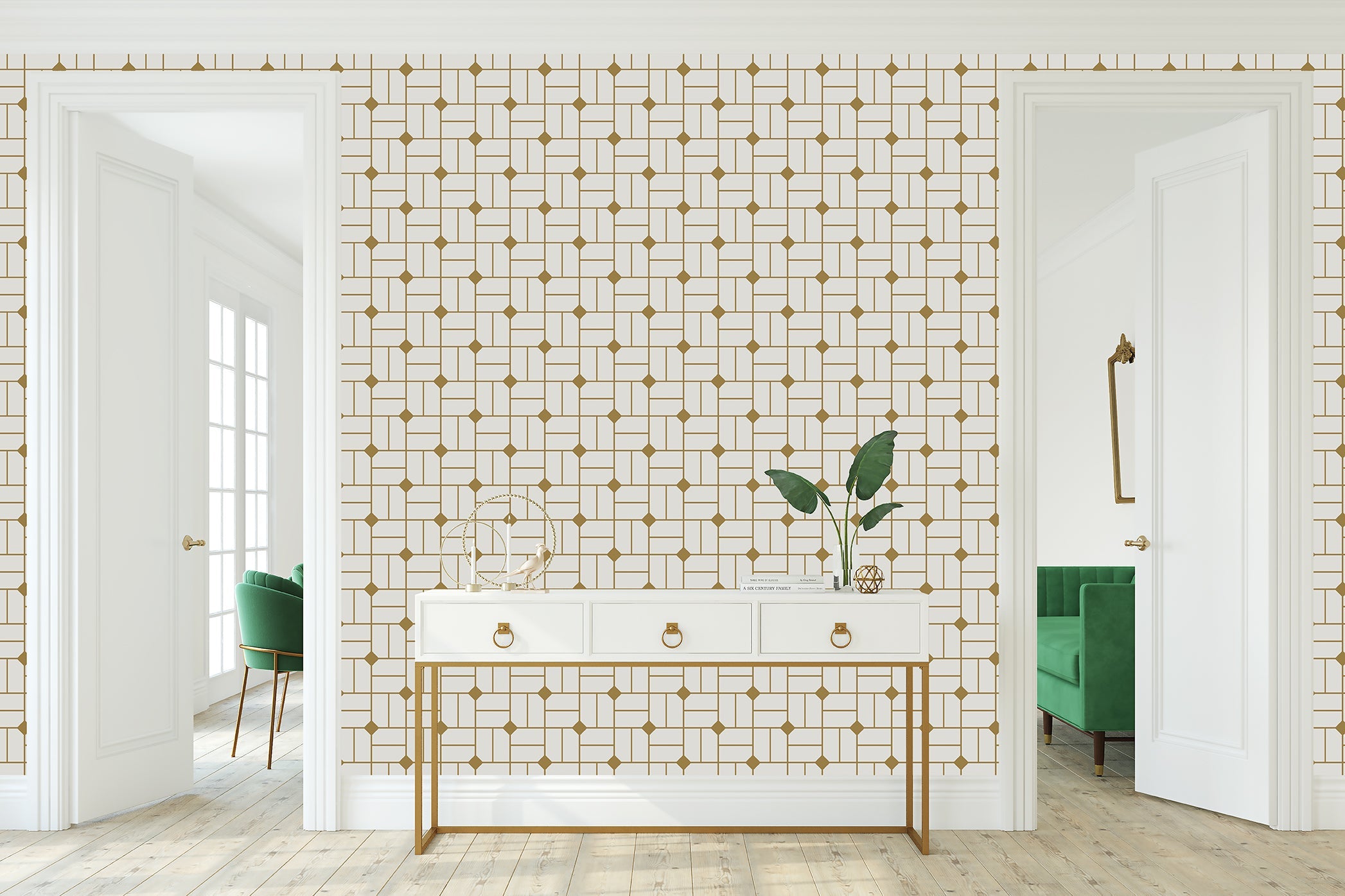 Art Deco retro gilded maze wallpaper with gold geometric pattern on white background in stylish room.