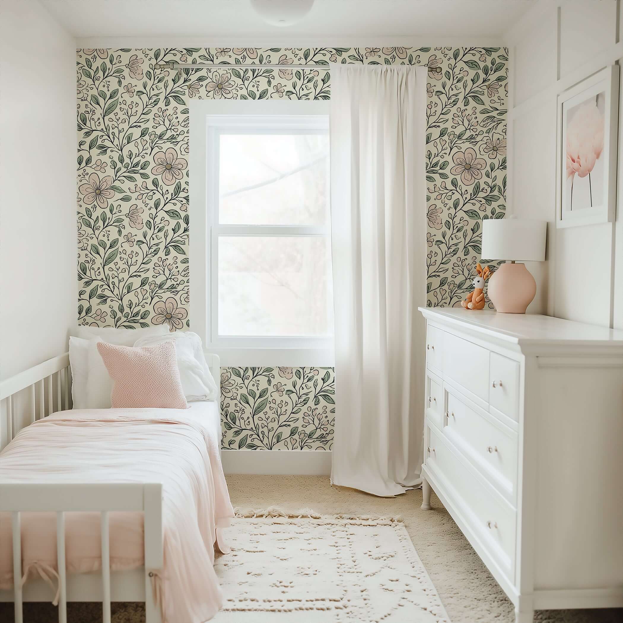 Enchanting blossom wallpaper in nursery bedroom, featuring hand-drawn floral patterns, perfect for a cottagecore-inspired playroom style.