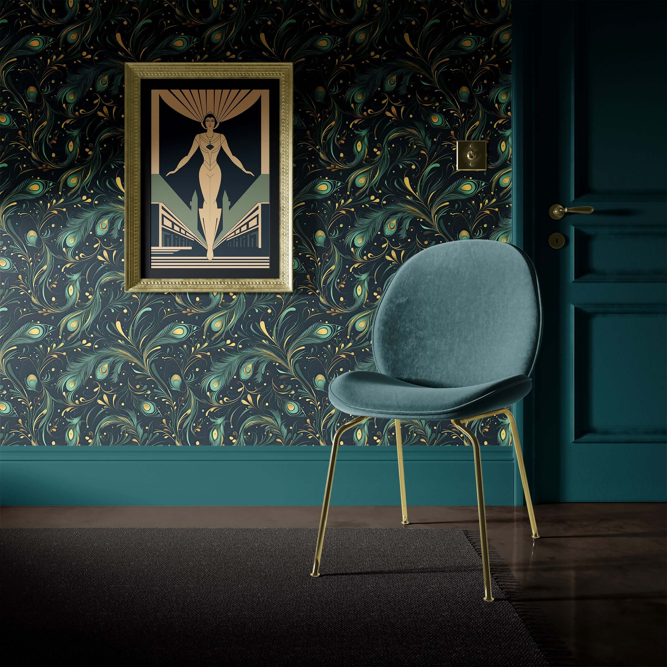 Art deco room with Celestial Peacock wallpaper featuring teal and gold peacock feathers, modern chair, and vintage artwork.