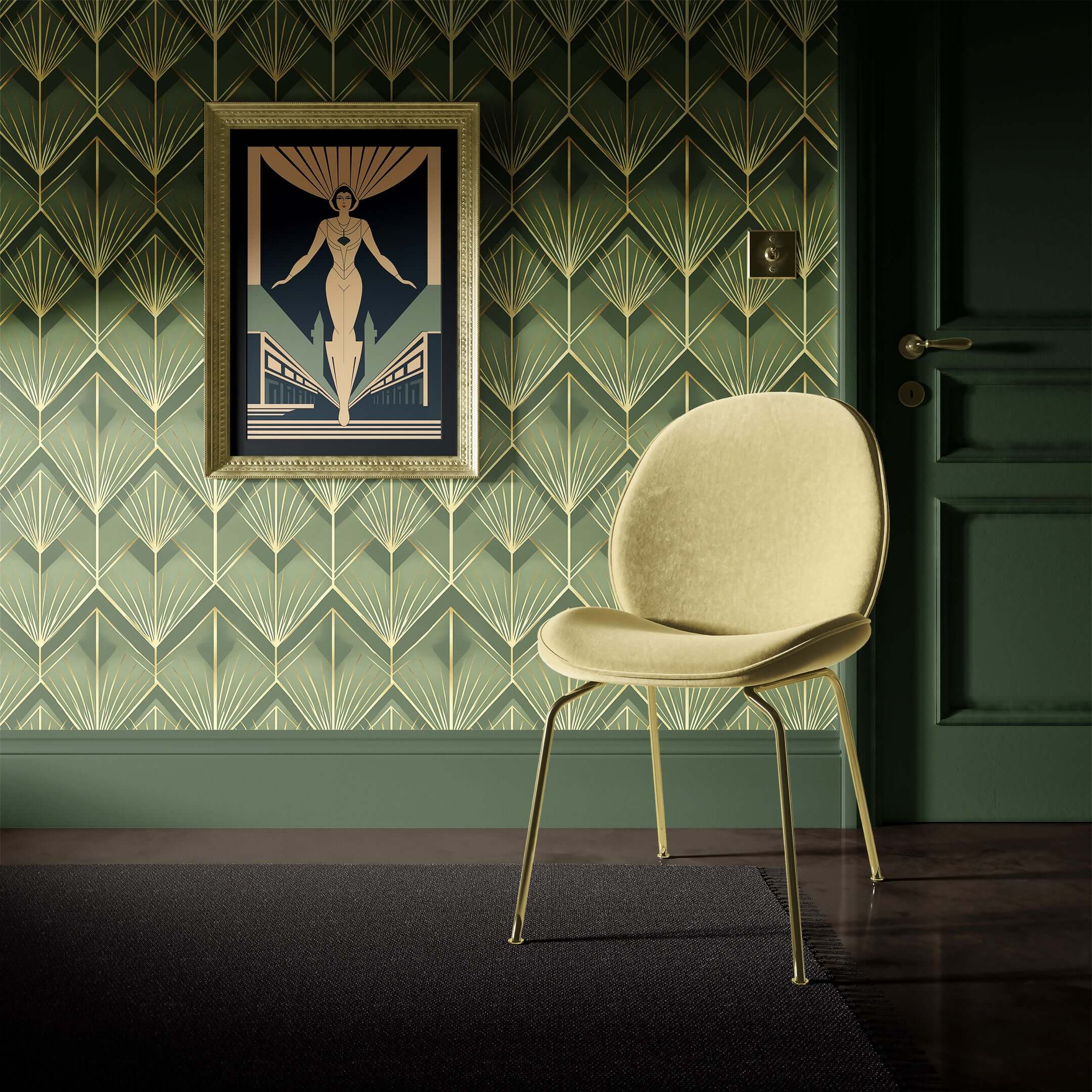 Elegant room with Emerald Luxe Palm Deco wallpaper featuring art deco palms and a vintage design; perfect for statement walls.