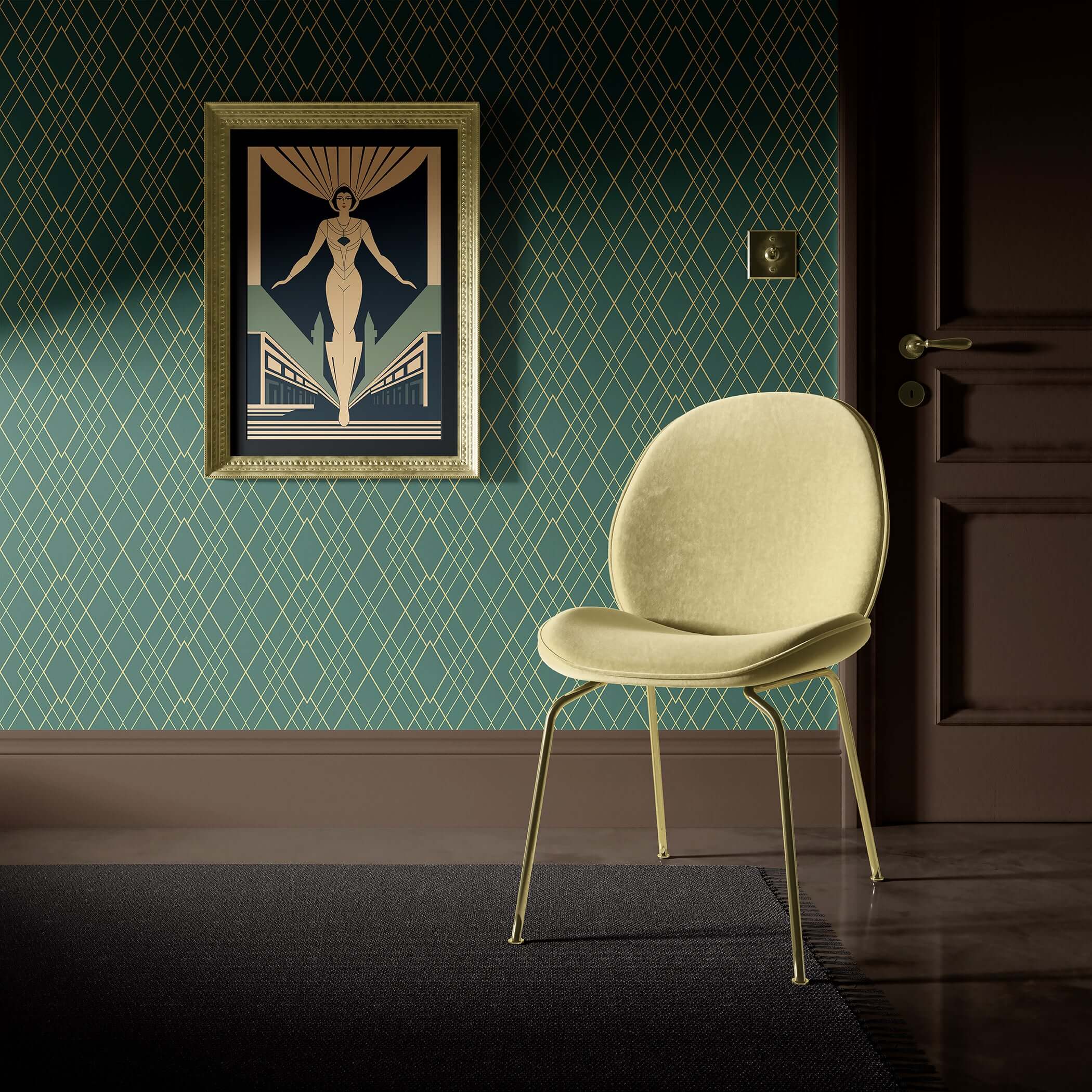 Art Deco emerald and gold geometric wallpaper with elegant chair and wall art.
