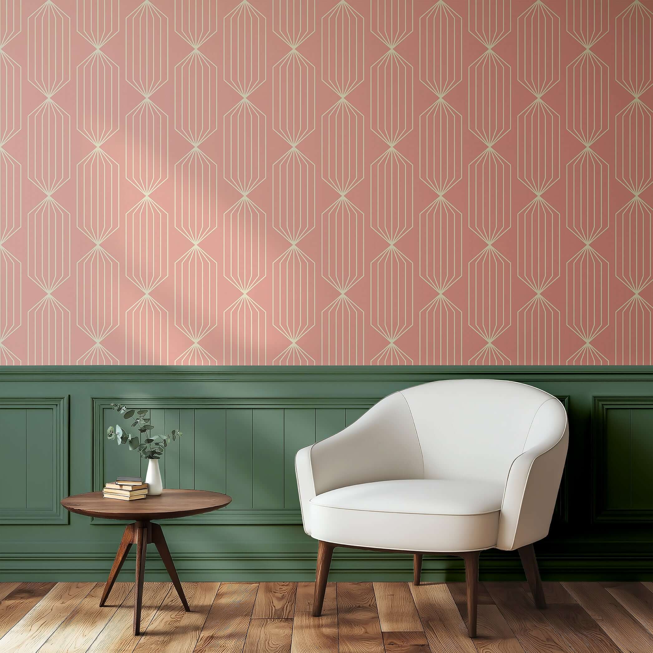 Mid-century modern geometric wallpaper with peach and gold prism patterns, complementing a contemporary living room space.