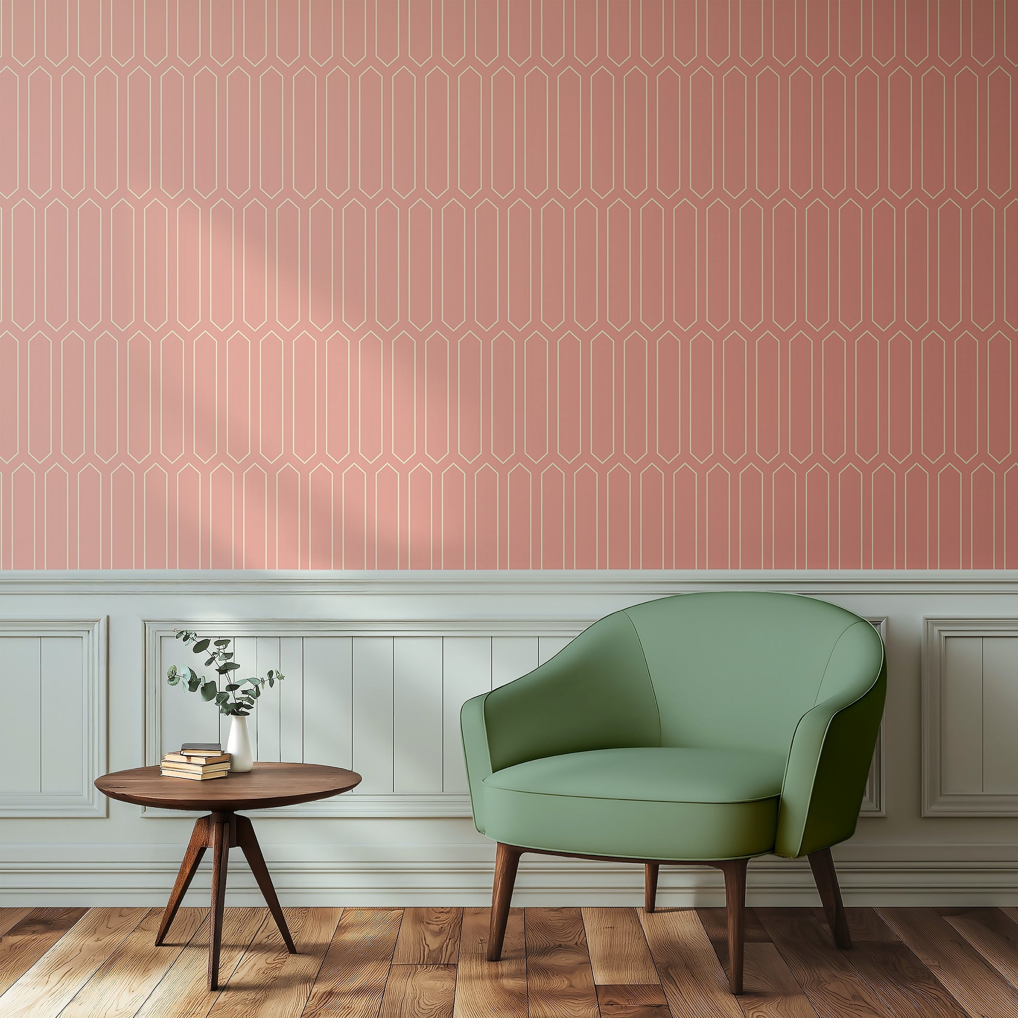 Pastel Moderne Lines art deco wallpaper with geometric pattern in pink and gold, accenting a minimalist room with retro elegance.