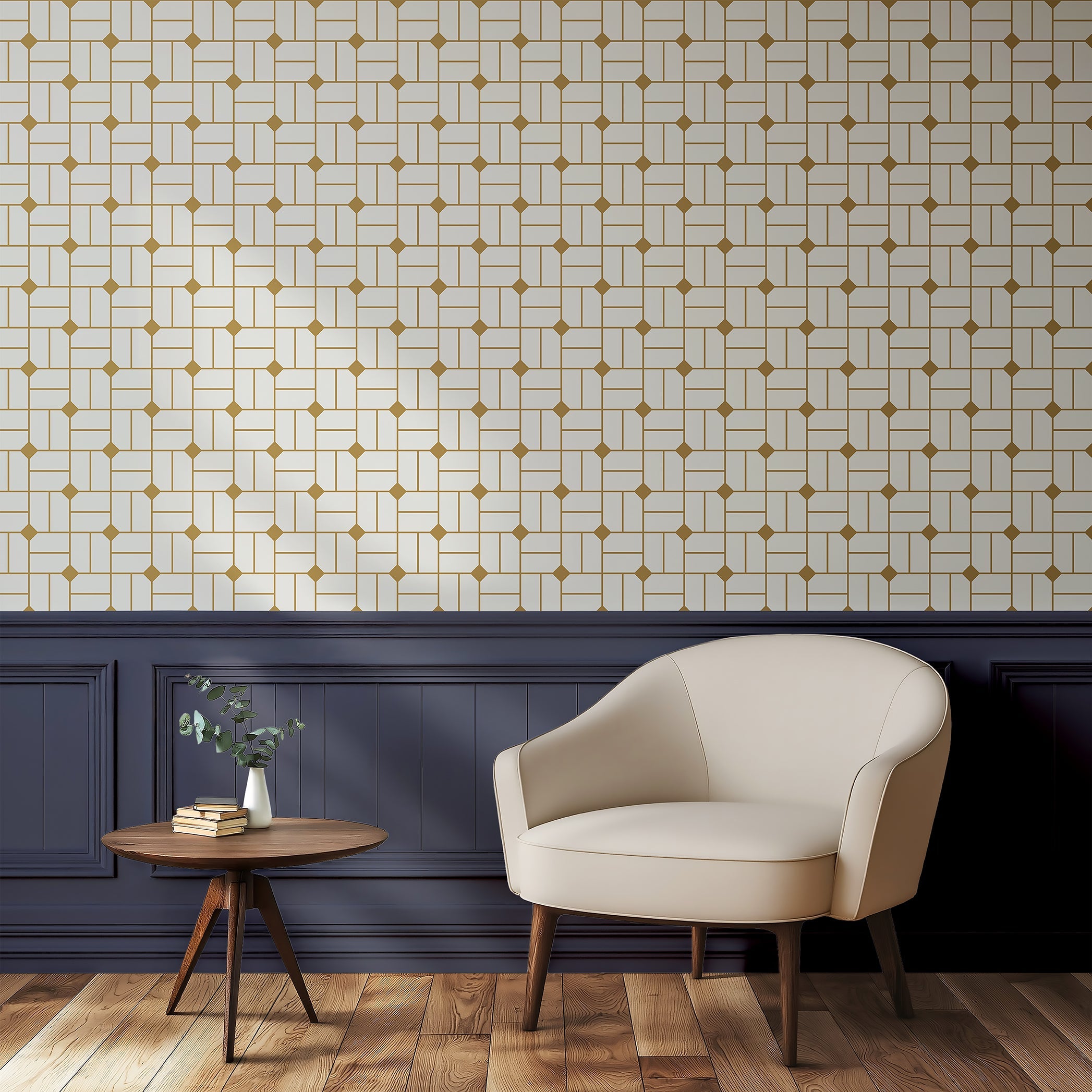 Retro Gilded Maze wallpaper featuring a gold geometric pattern on white, perfect for art deco-inspired and sophisticated spaces.