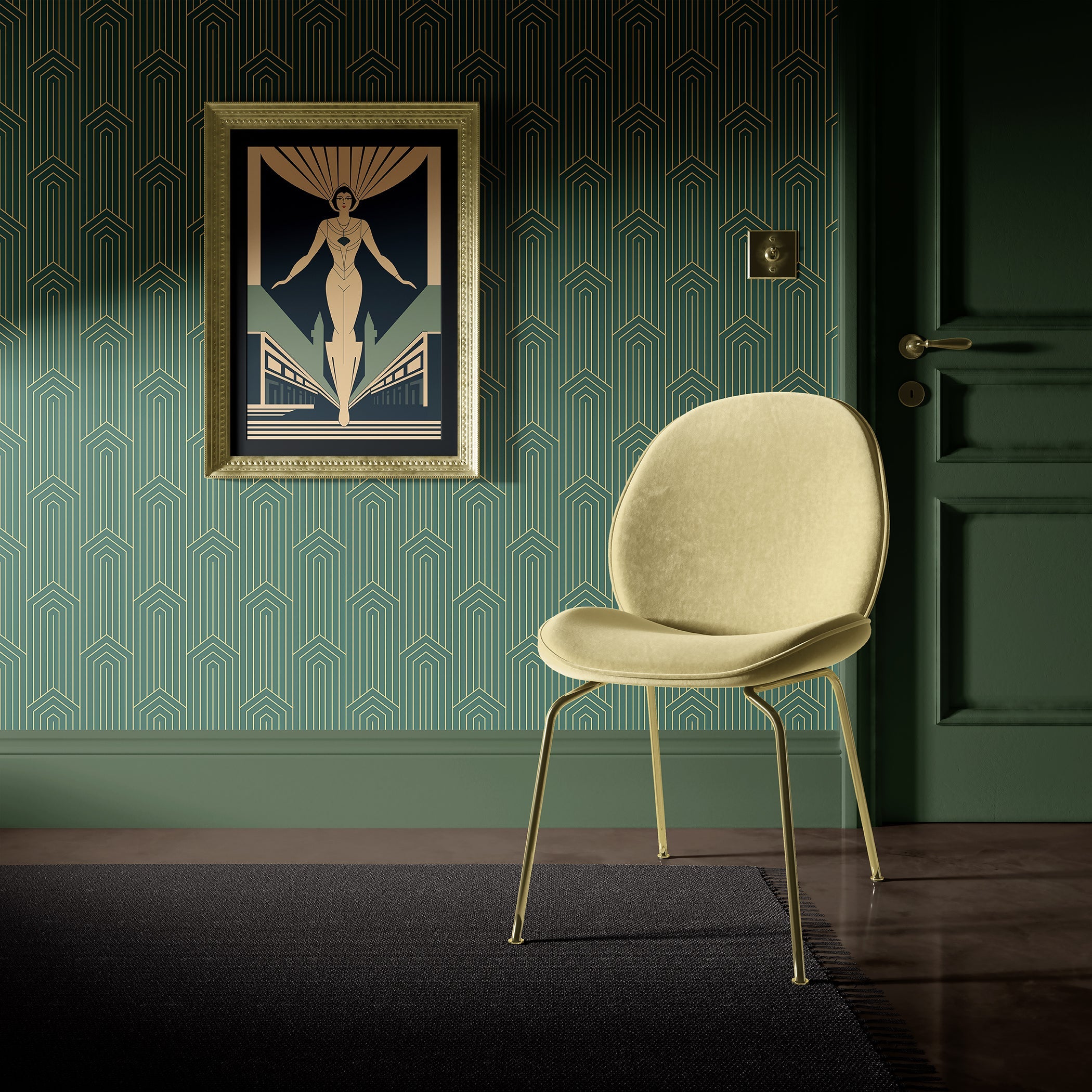 Art Deco room with green and gold geometric wallpaper, vintage chair, and retro framed art.