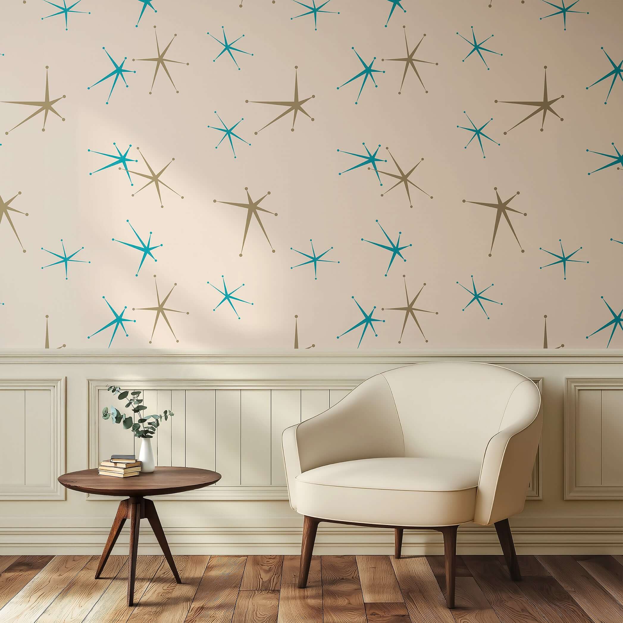 Cosmic Mid-Mod Stars wallpaper featuring teal and taupe retro geometric starbursts on a cream background, modern mid-century style.