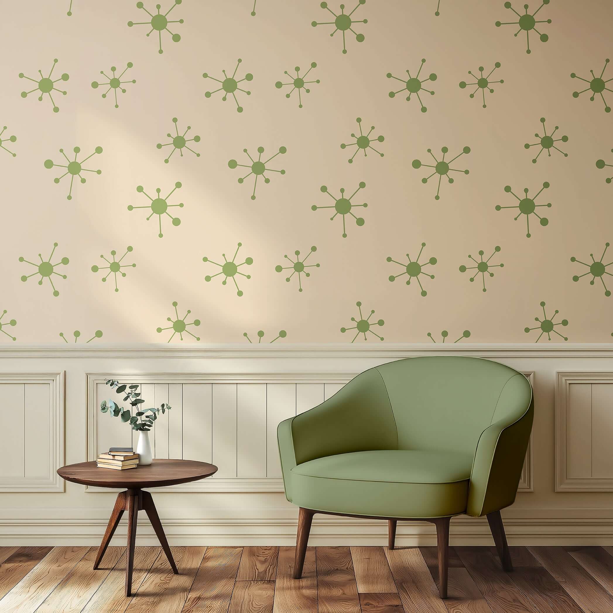 Mid-century modern Atomic Age Dots wallpaper with green retro geometric pattern in a cozy living room setting.