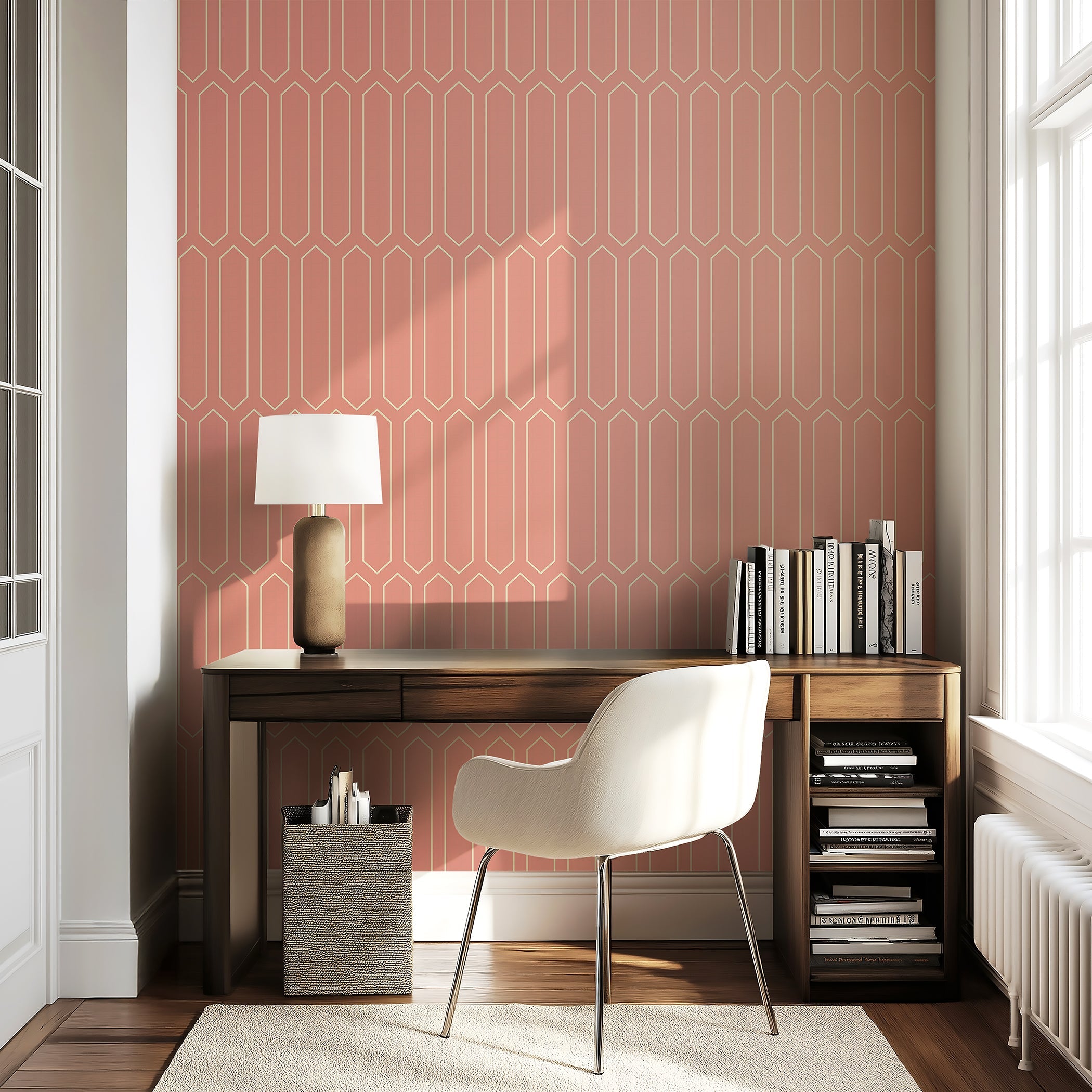 Art Deco pink wallpaper with geometric ivory lines in a modern study with wood desk and beige chair. Retro, minimalist decor style.