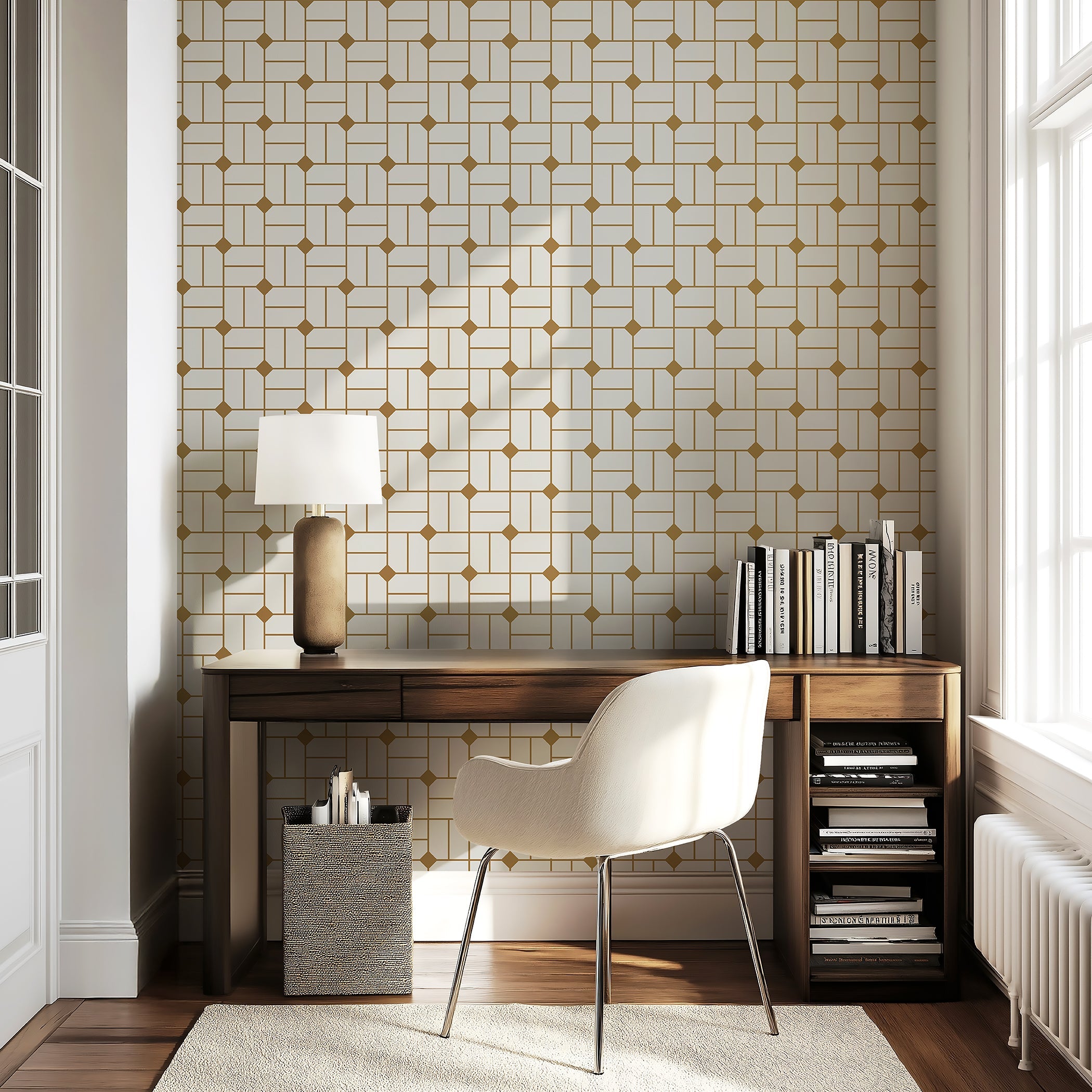 Art deco geometric retro gilded maze wallpaper in gold and white, enhancing a stylish home office with vintage sophistication.
