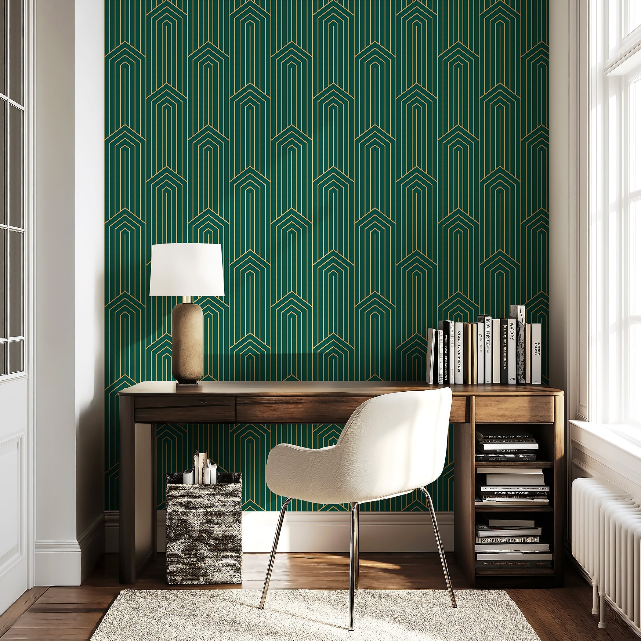 Art Deco golden chevron wallpaper in green, luxury geometric design enhancing a chic modern interior with retro flair.