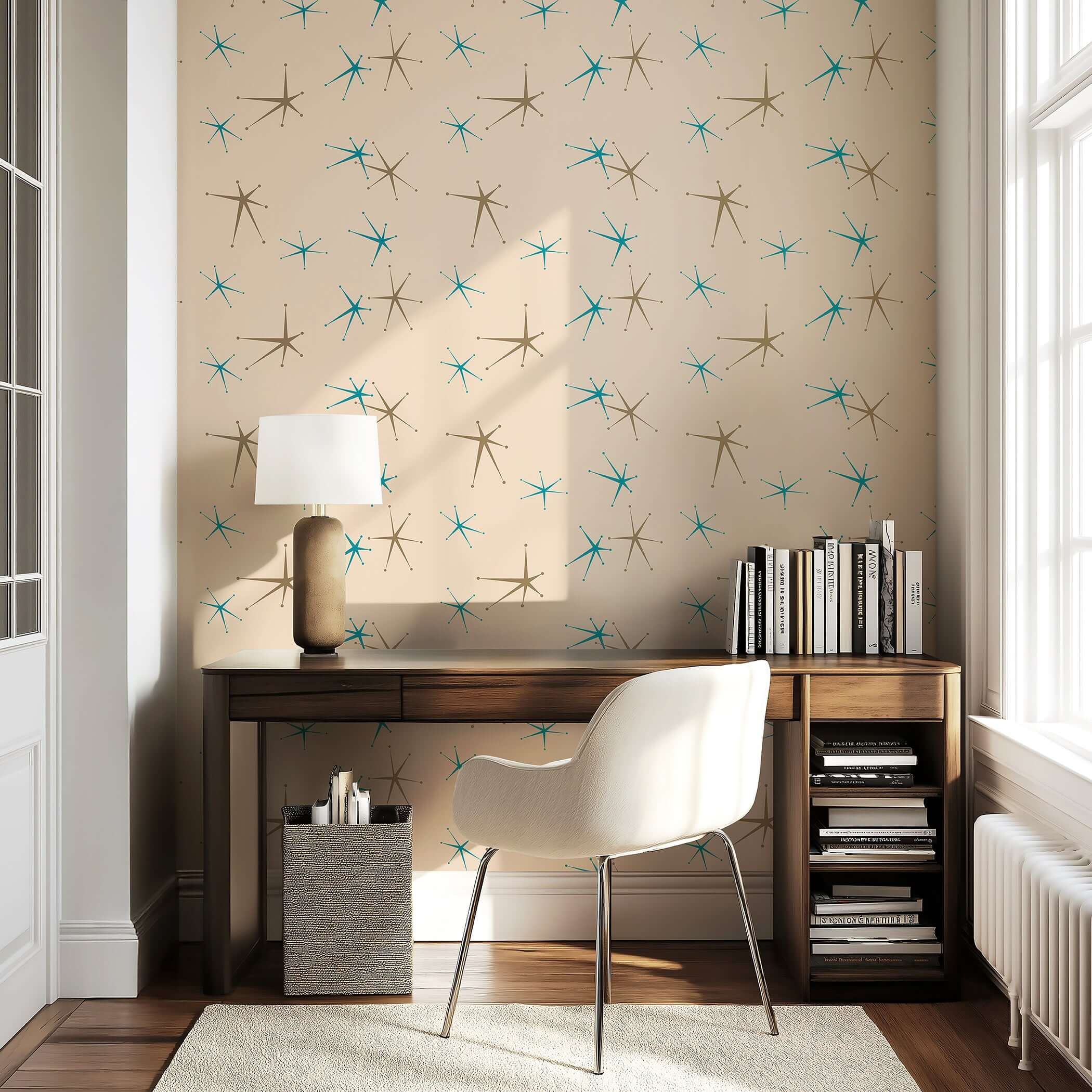 Mid-century modern wallpaper with teal and taupe starbursts on cream background, embodying retro geometric design in a stylish room.