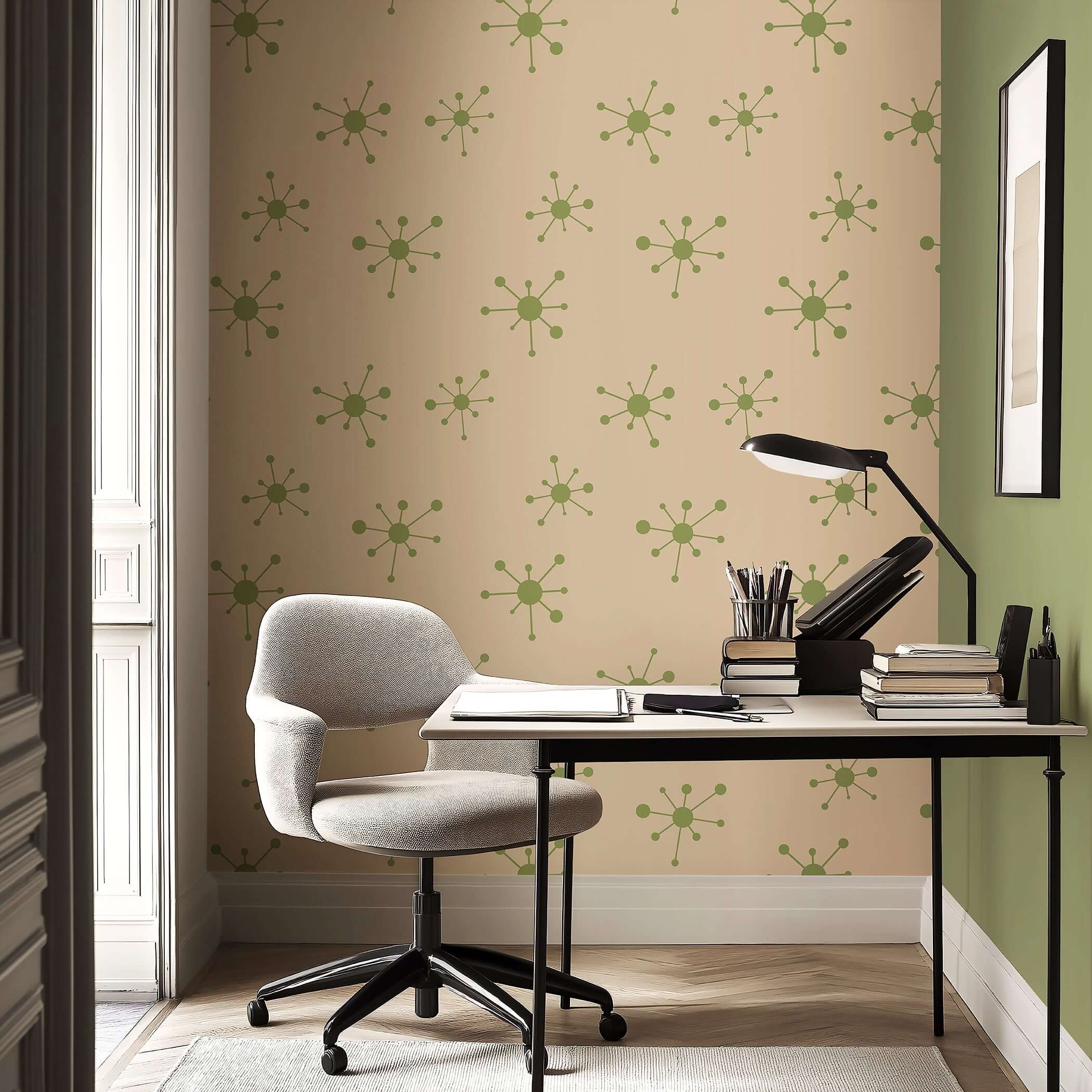 Mid-century modern wallpaper with retro atomic dot pattern in a stylish workspace, ideal for geometric and vintage interior design.