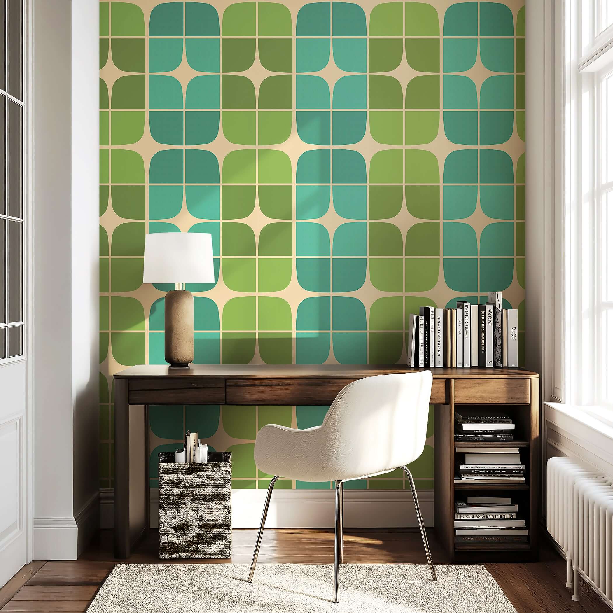 Mid-century modern design wallpaper with geometric floral patterns in green and aqua, creating a retro chic look for accent walls.