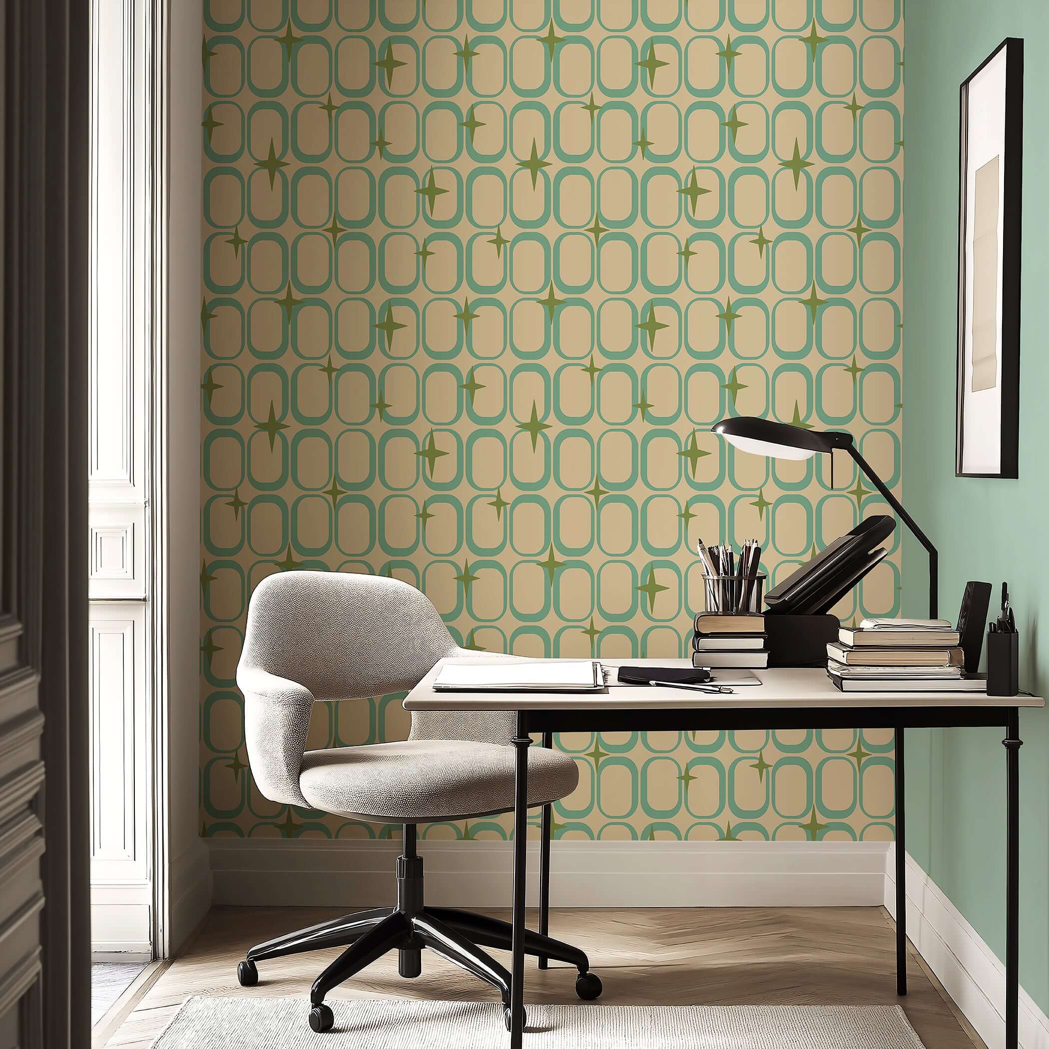 Mid-century modern wallpaper with teal atomic ovals and olive green starbursts in a geometric retro design for a stylish accent wall.