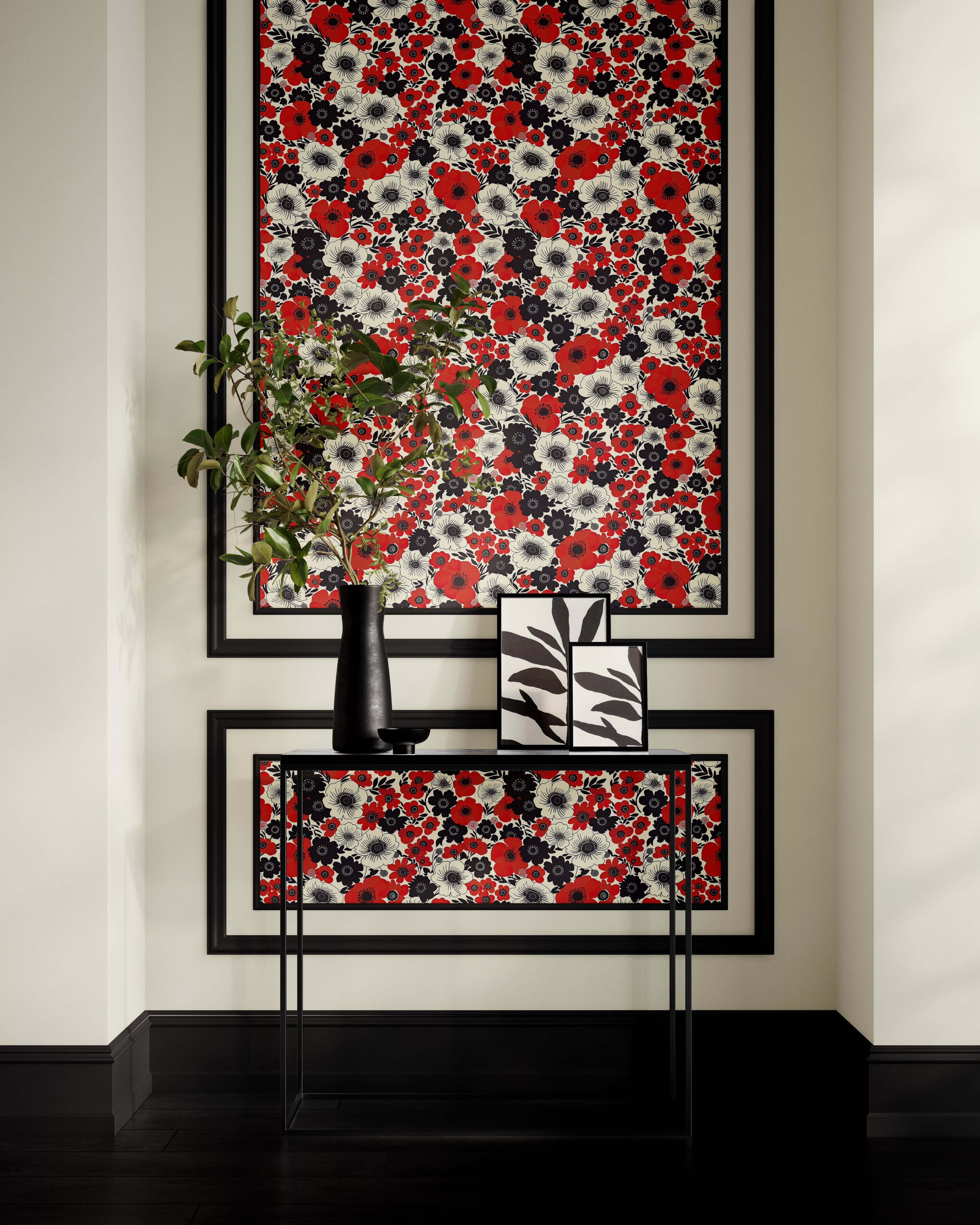 Bold "Wild Poppy Passion" wallpaper with red, black, and white floral design, enhancing a modern and contemporary wall decor setting.