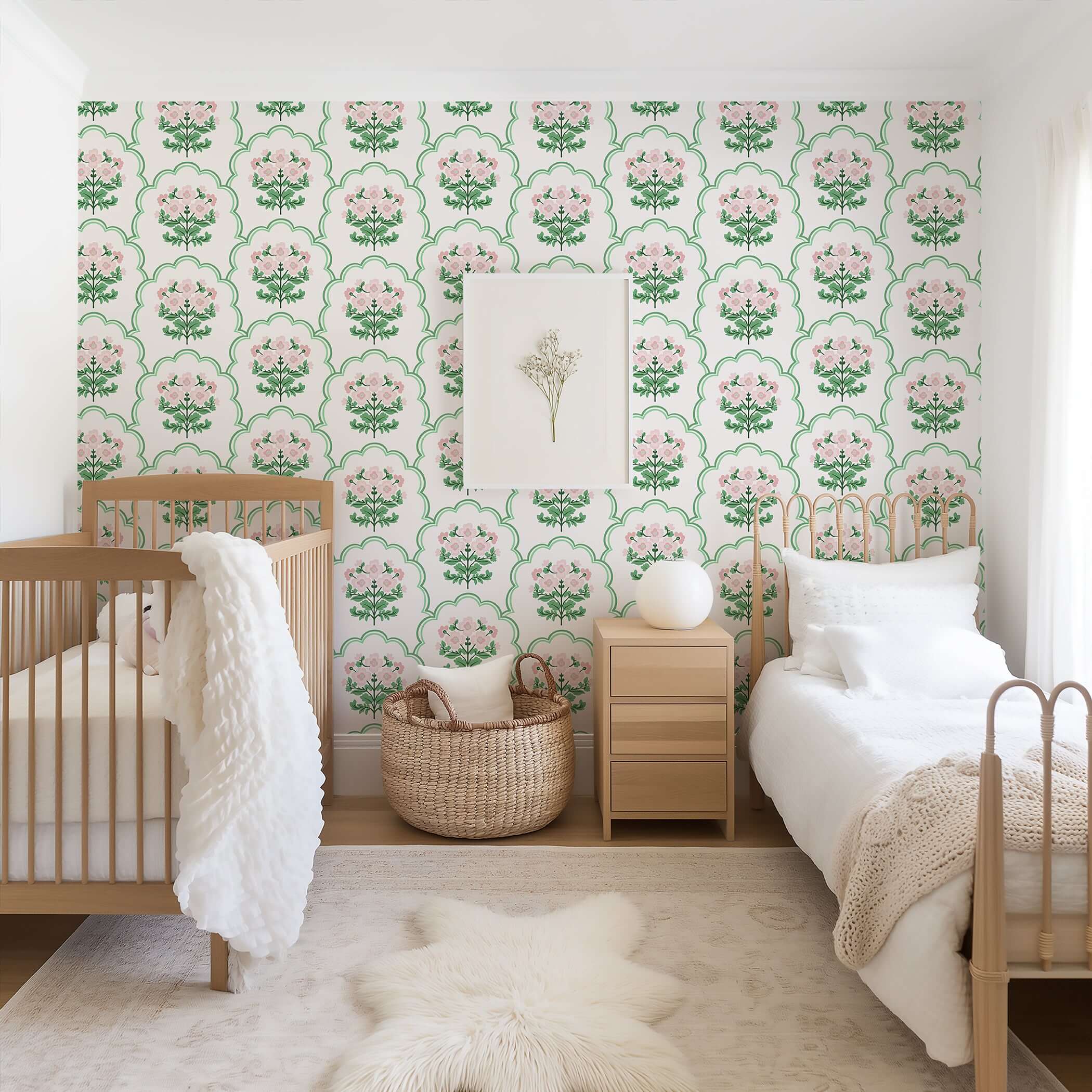 Preppy Pink Garden Lattice Wallpaper in nursery with floral and scallop design, perfect for children's rooms and modern decor.